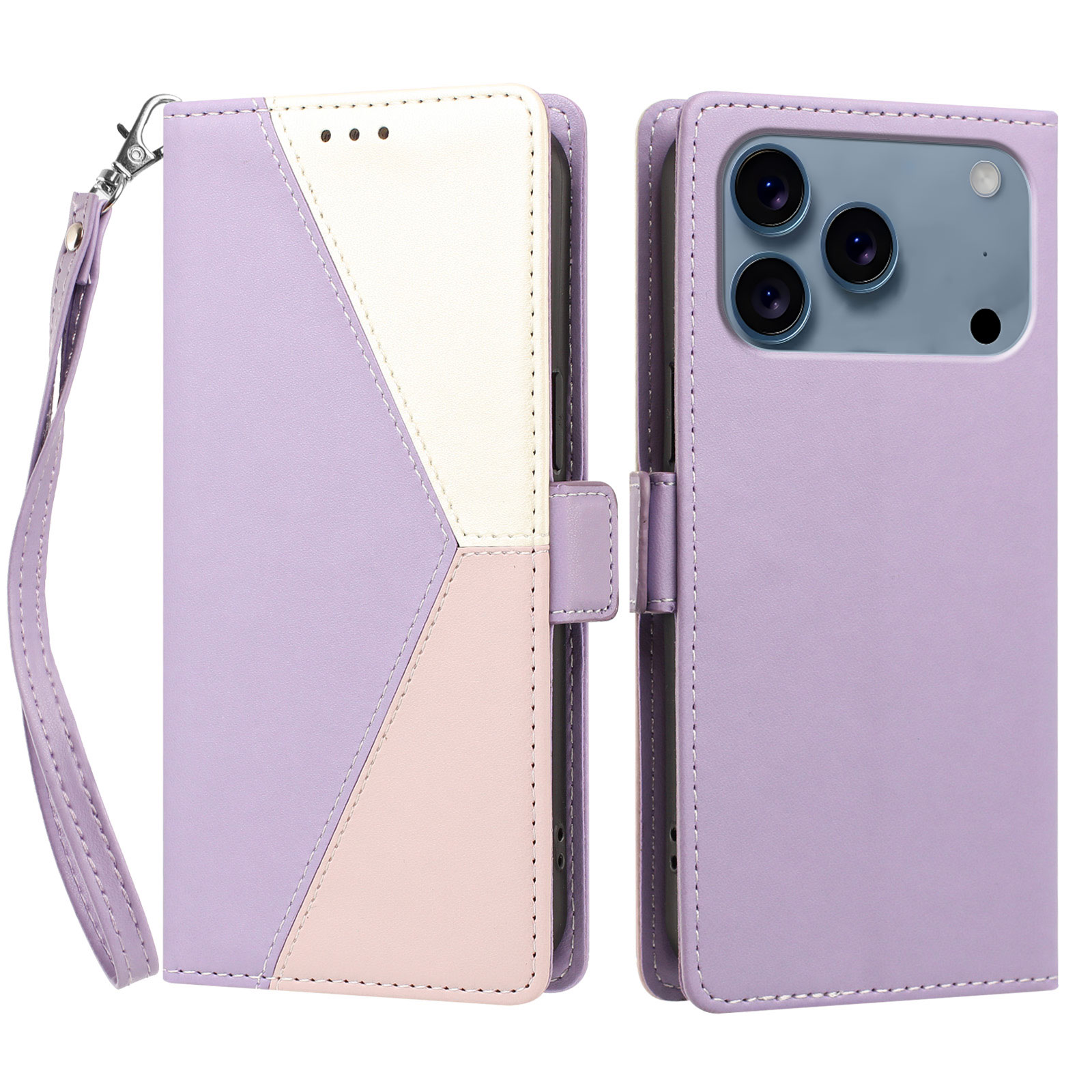 For iPhone 17 Pro / iPhone 18 Pro Case Color Stitching RFID Blocking Wallet Flip Leather Phone Cover with Wrist Strap - Light Purple
