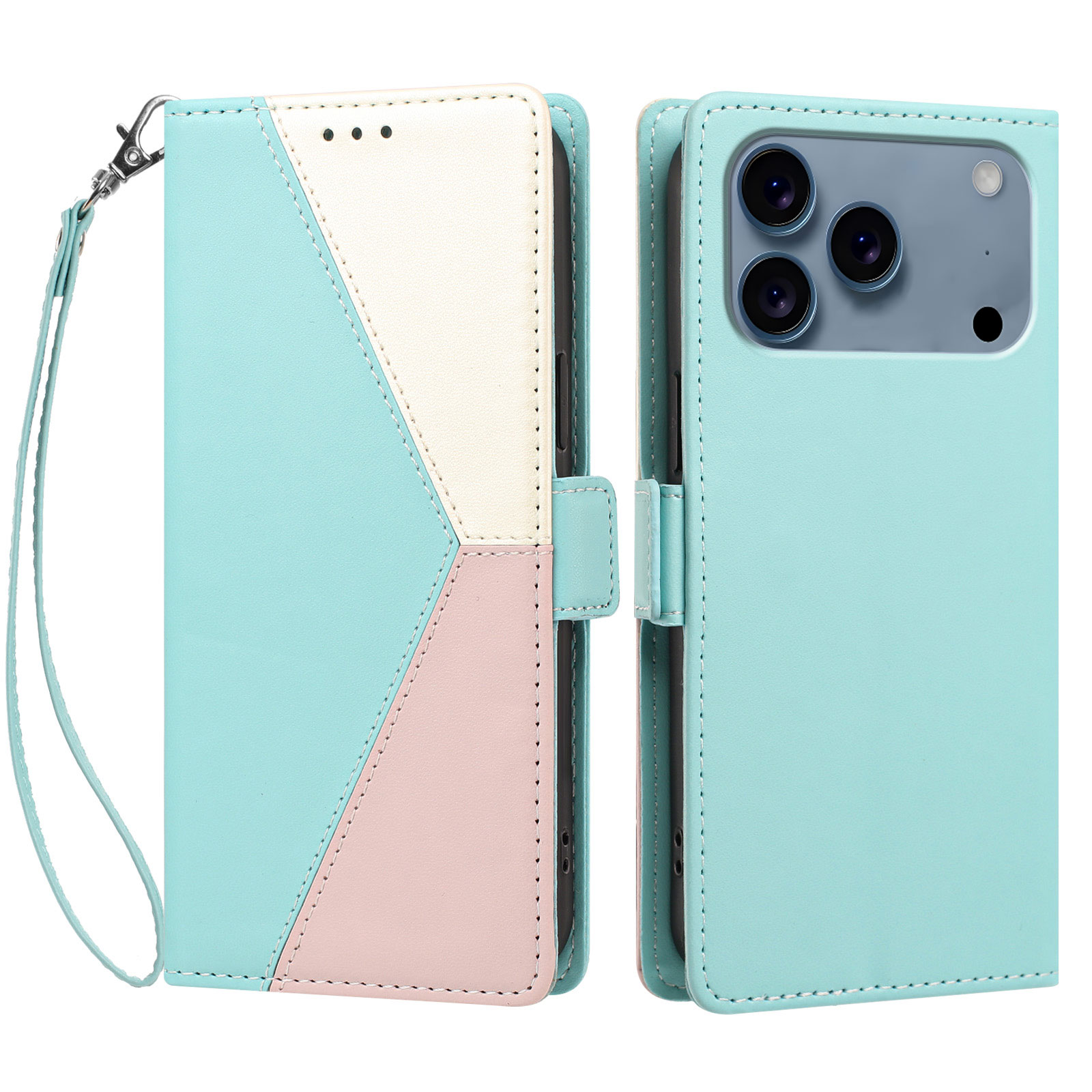 For iPhone 17 Pro / iPhone 18 Pro Case Color Stitching RFID Blocking Wallet Flip Leather Phone Cover with Wrist Strap - Light Green