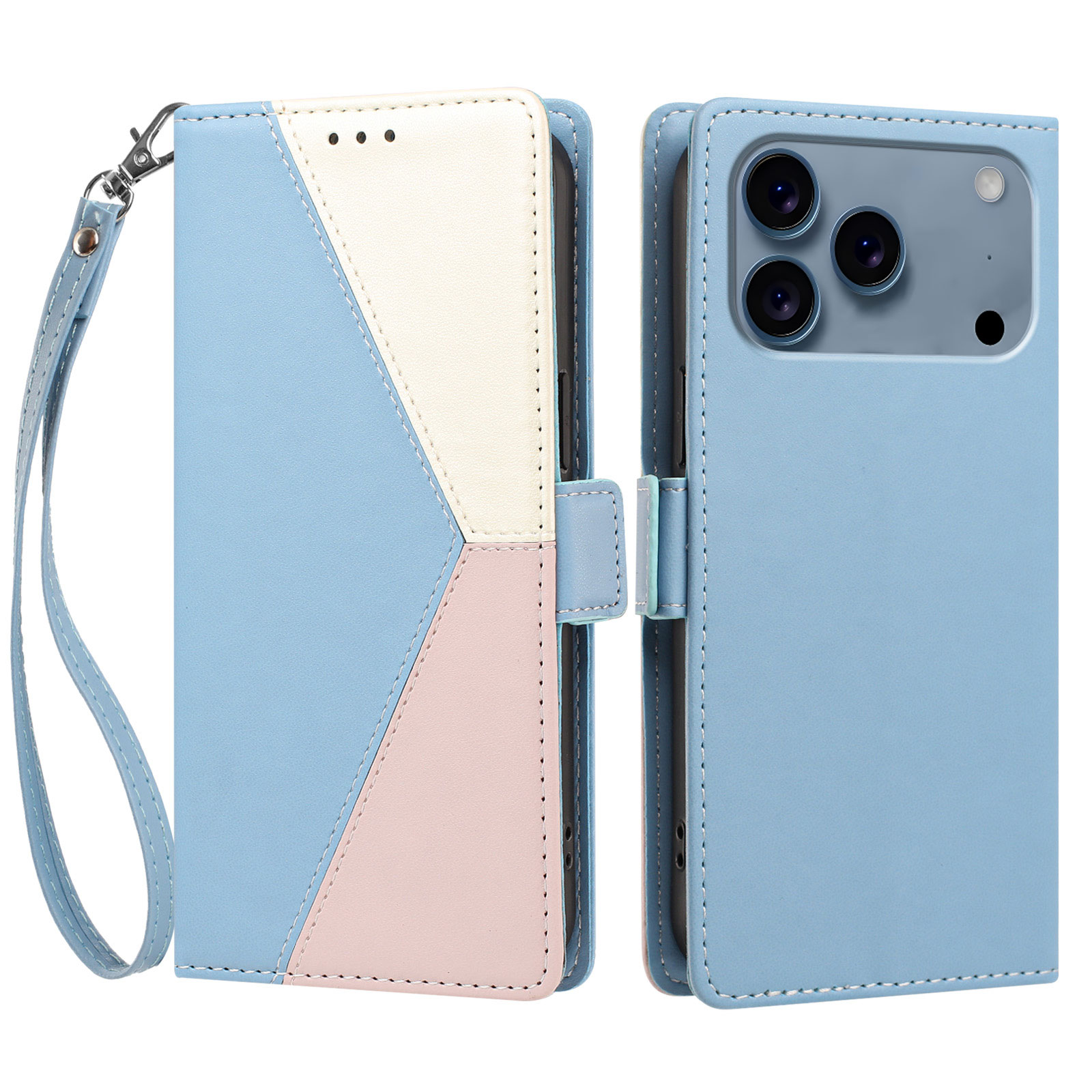 For iPhone 17 Pro / iPhone 18 Pro Case Color Stitching RFID Blocking Wallet Flip Leather Phone Cover with Wrist Strap - Baby Blue