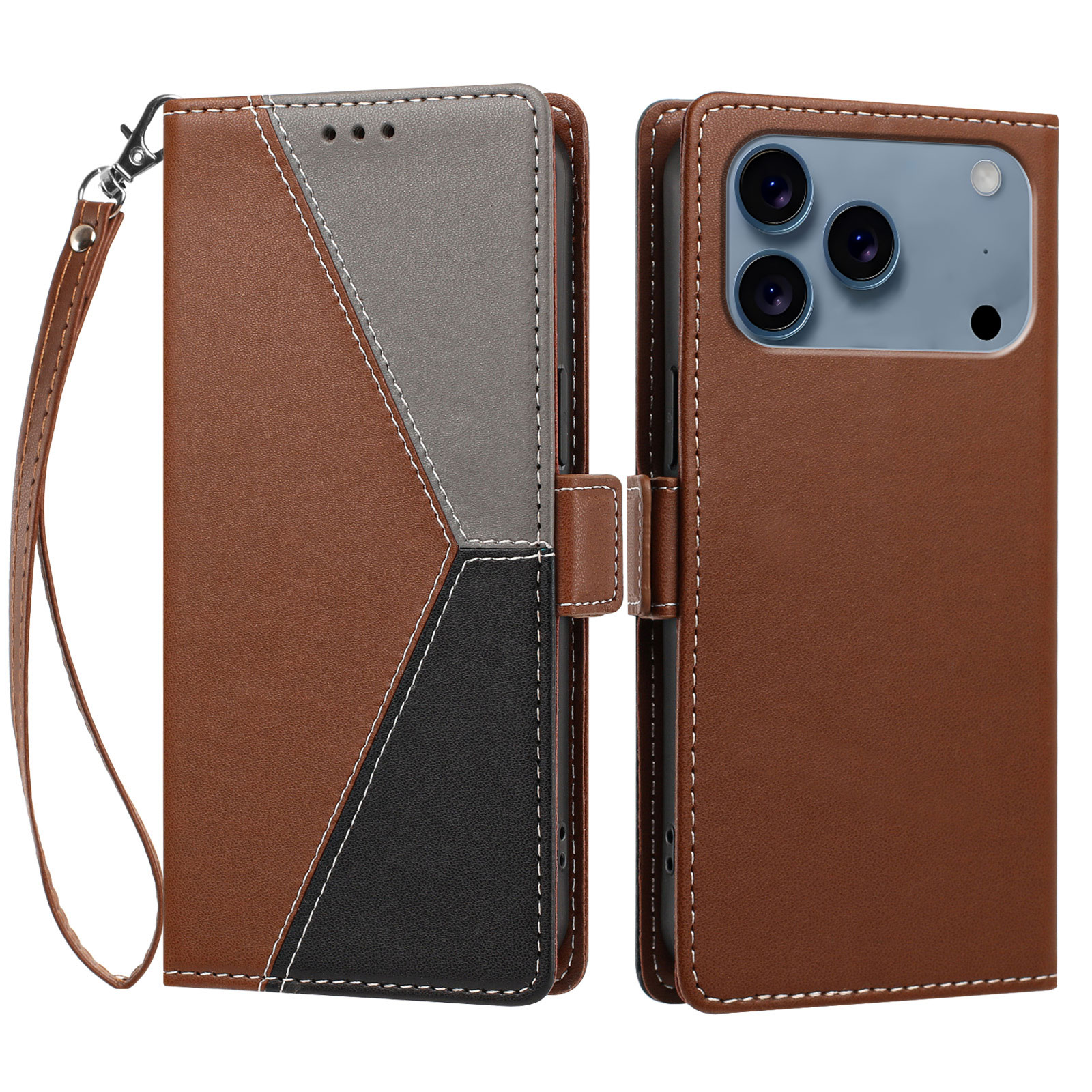 For iPhone 17 Pro / iPhone 18 Pro Case Color Stitching RFID Blocking Wallet Flip Leather Phone Cover with Wrist Strap - Brown