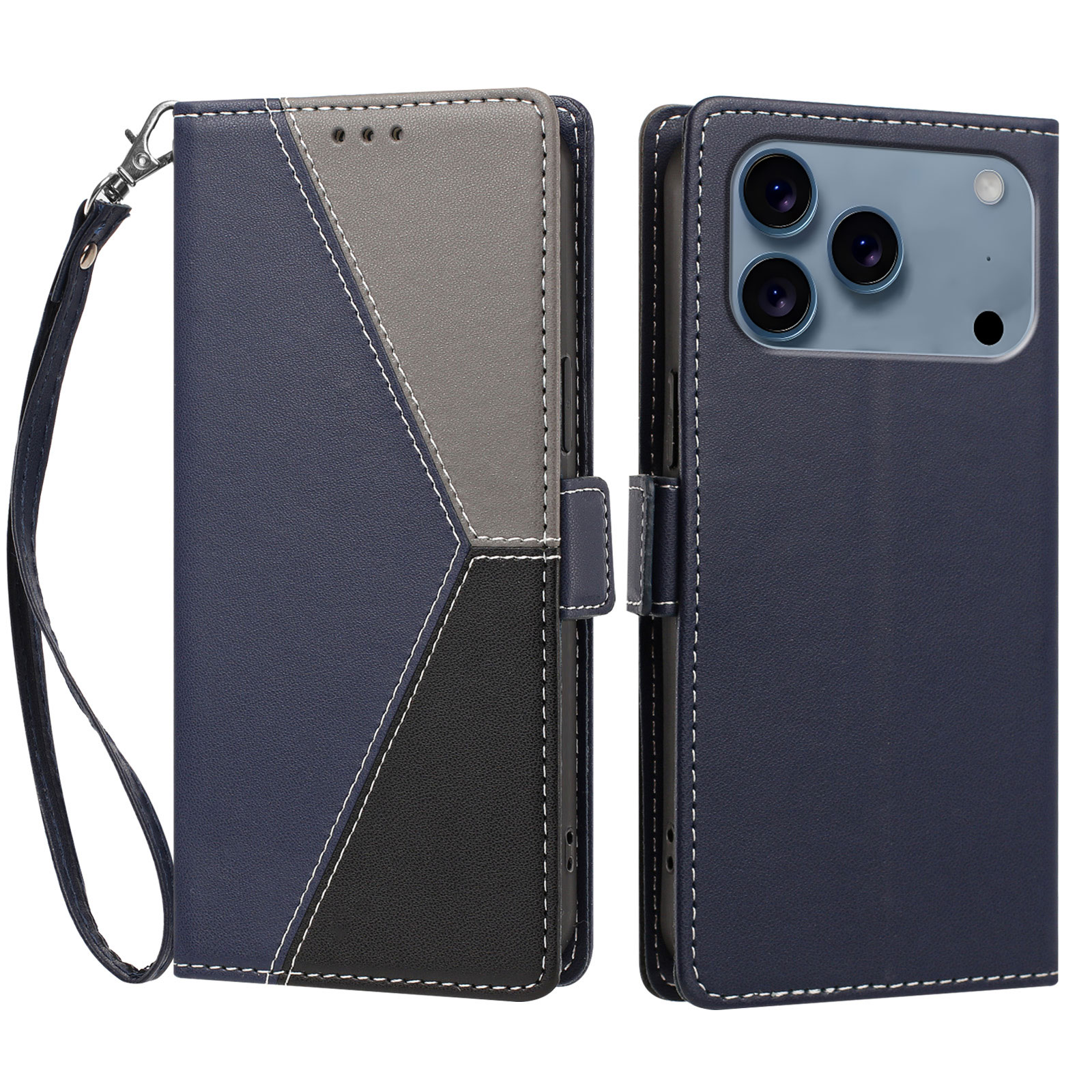 For iPhone 17 Pro / iPhone 18 Pro Case Color Stitching RFID Blocking Wallet Flip Leather Phone Cover with Wrist Strap - Dark Blue