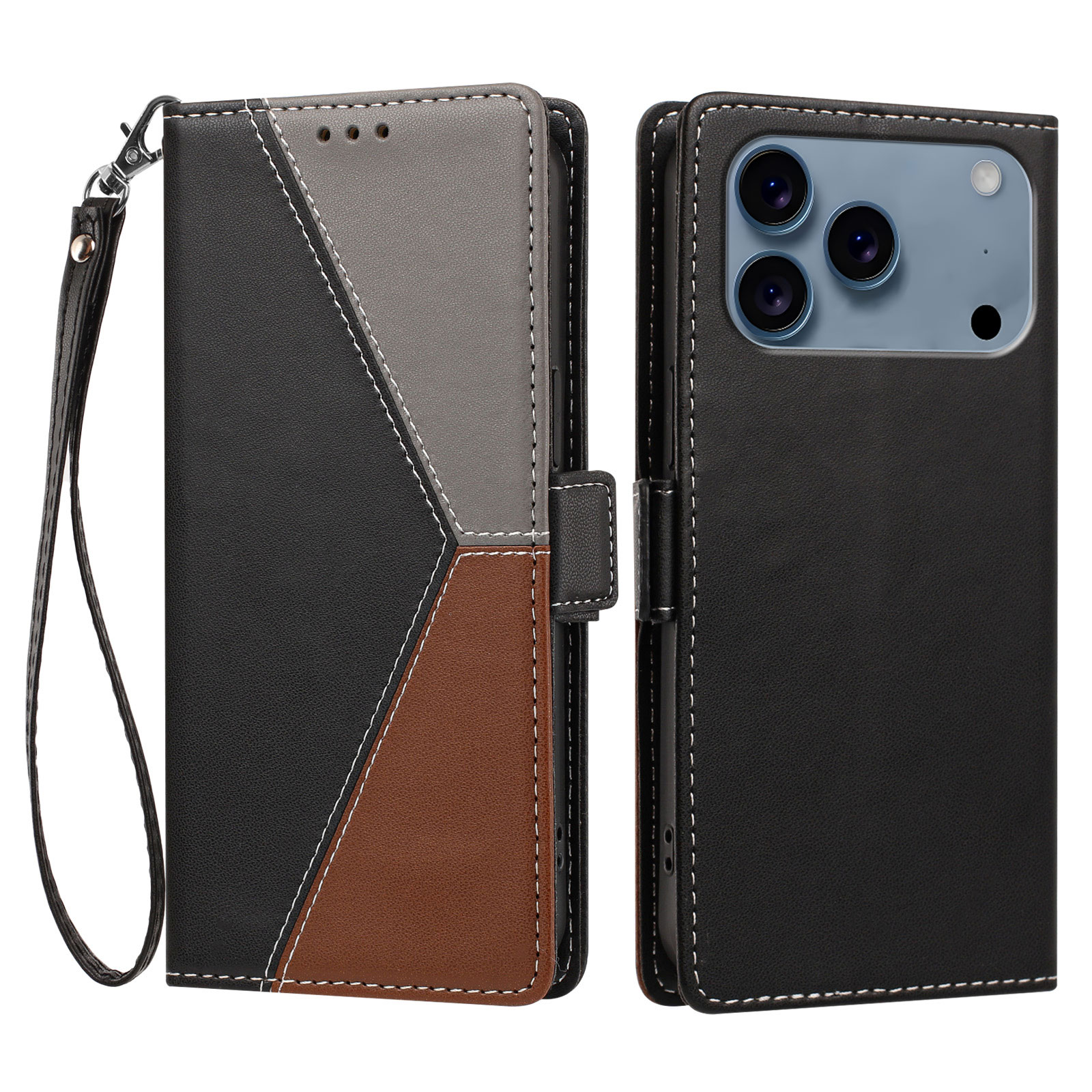 For iPhone 17 Pro / iPhone 18 Pro Case Color Stitching RFID Blocking Wallet Flip Leather Phone Cover with Wrist Strap - Black