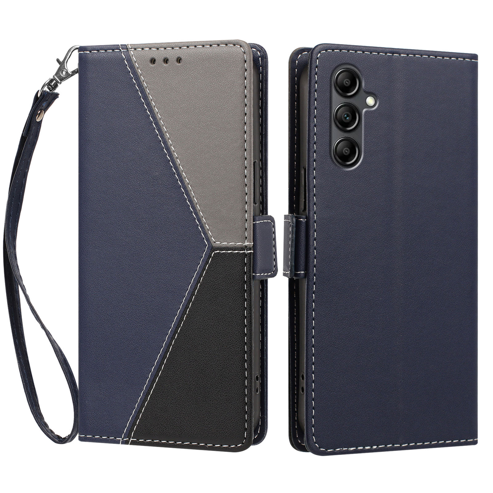 For Samsung Galaxy A15 4G / Galaxy A15 5G Case Color Stitching RFID Blocking Wallet Flip Leather Phone Cover with Wrist Strap - Dark Blue