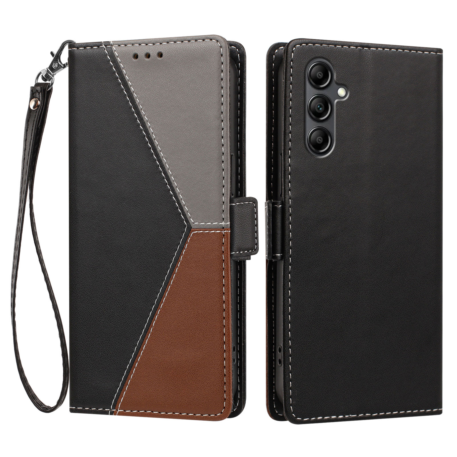For Samsung Galaxy A15 4G / Galaxy A15 5G Case Color Stitching RFID Blocking Wallet Flip Leather Phone Cover with Wrist Strap - Black