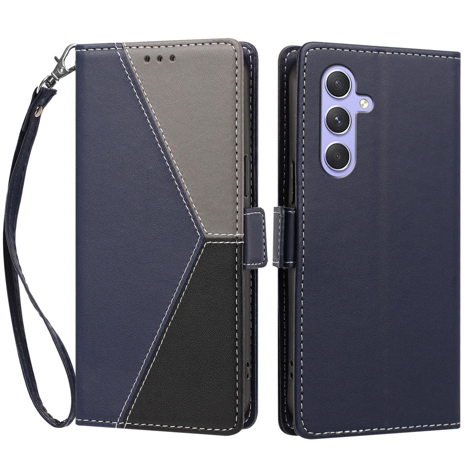 For Samsung Galaxy A35 5G Case Color Stitching RFID Blocking Wallet Flip Leather Phone Cover with Wrist Strap - Dark Blue