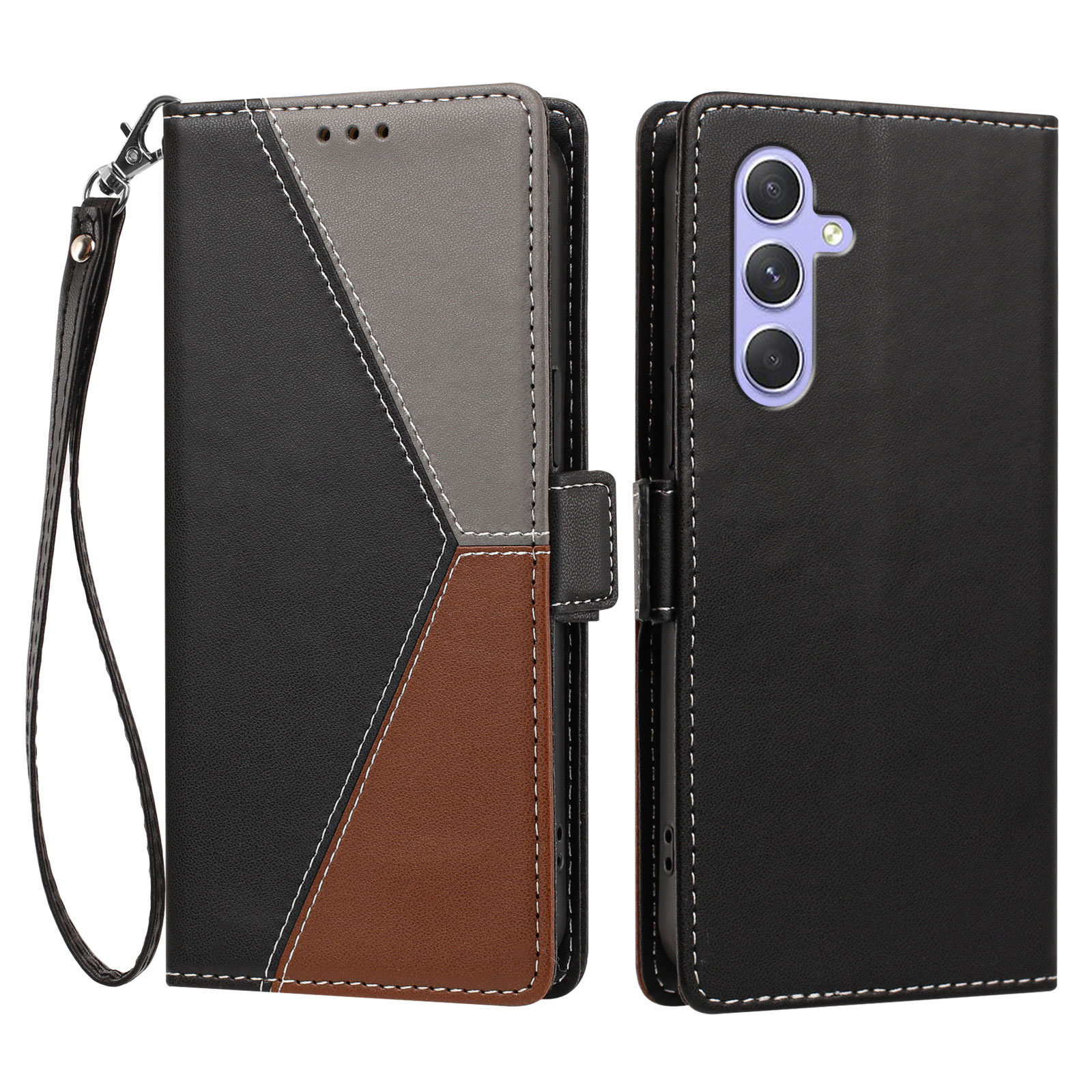 For Samsung Galaxy A35 5G Case Color Stitching RFID Blocking Wallet Flip Leather Phone Cover with Wrist Strap - Black
