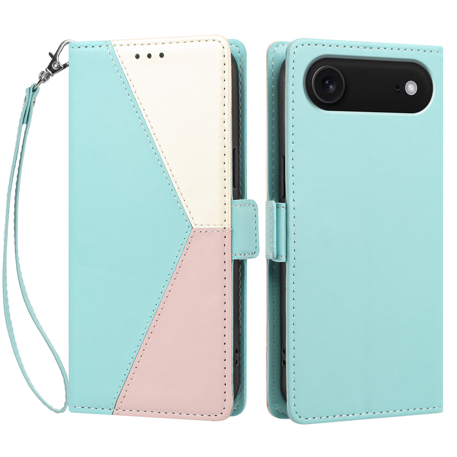 For iPhone Air Case Color Stitching RFID Blocking Wallet Flip Leather Phone Cover with Wrist Strap - Light Green