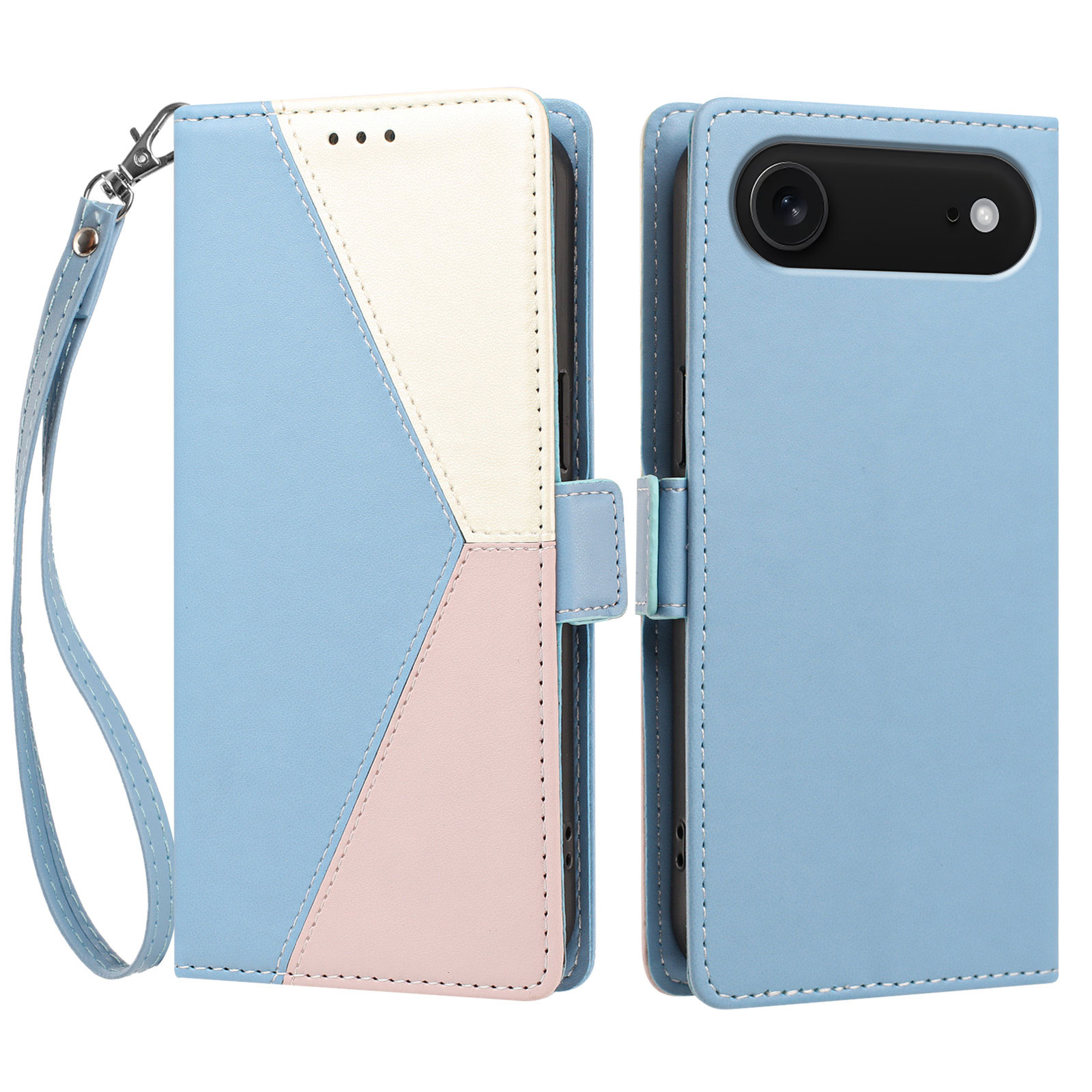 For iPhone Air Case Color Stitching RFID Blocking Wallet Flip Leather Phone Cover with Wrist Strap - Baby Blue