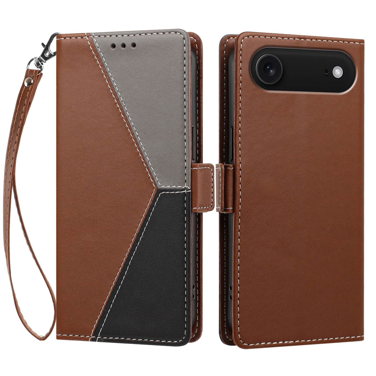 For iPhone Air Case Color Stitching RFID Blocking Wallet Flip Leather Phone Cover with Wrist Strap - Brown