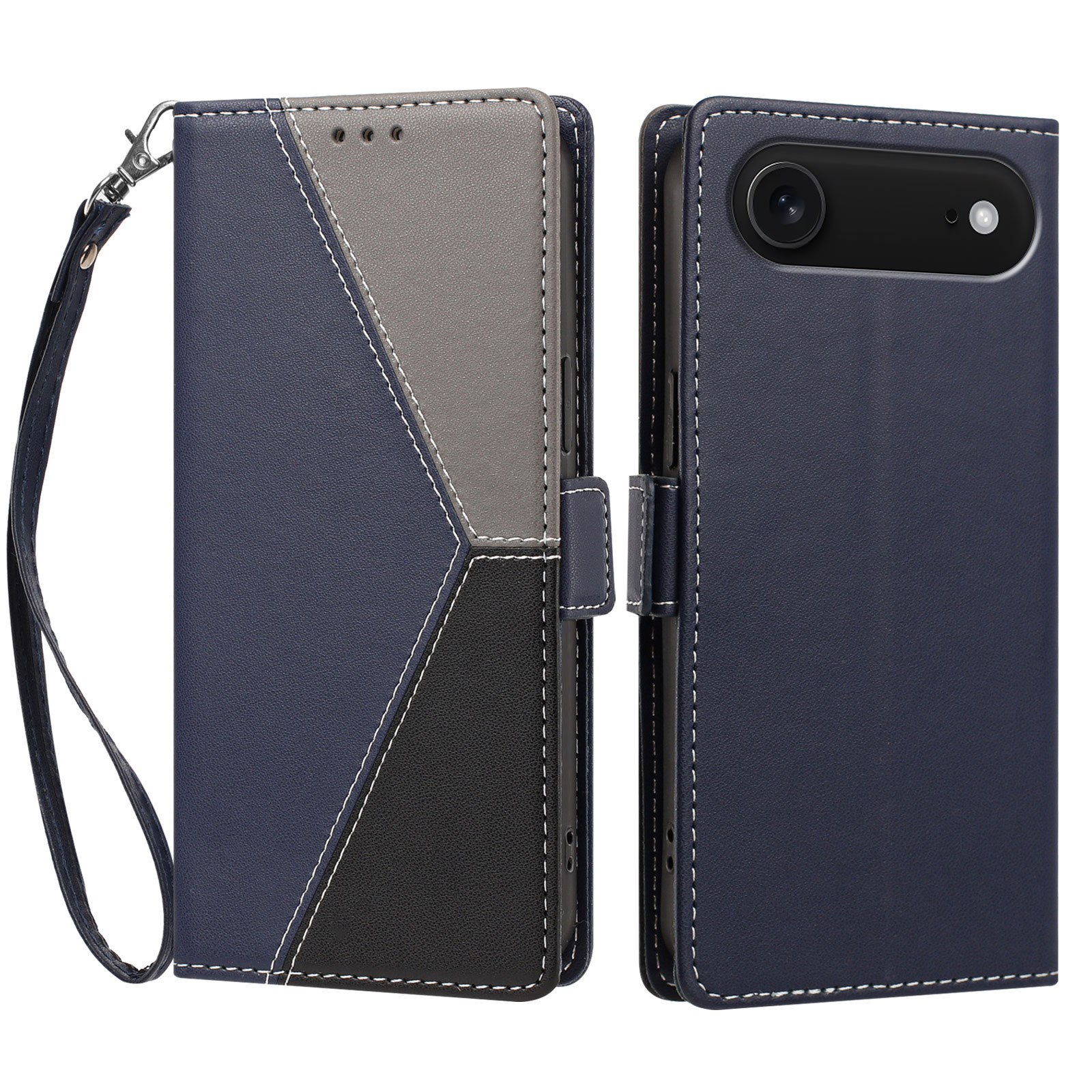 For iPhone Air Case Color Stitching RFID Blocking Wallet Flip Leather Phone Cover with Wrist Strap - Dark Blue