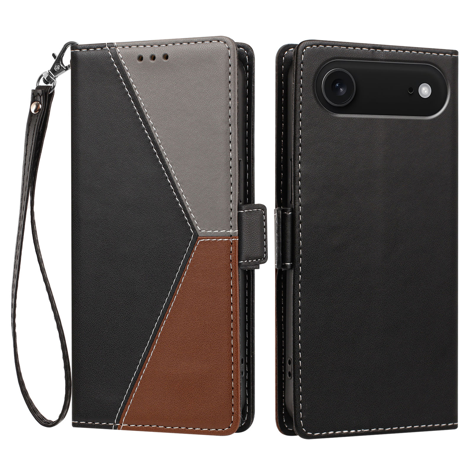 For iPhone Air Case Color Stitching RFID Blocking Wallet Flip Leather Phone Cover with Wrist Strap - Black