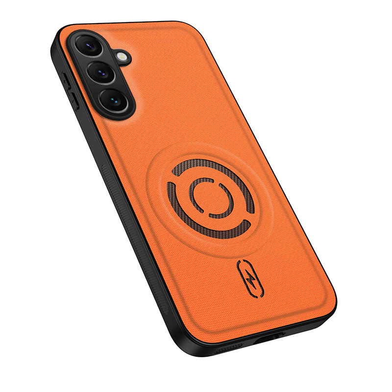 WANLONFENG for Samsung Galaxy A14 4G / Galaxy A14 5G KJB Series Magnetic Case Tech Fabric Texture PC+TPU Shockproof Phone Cover - Orange