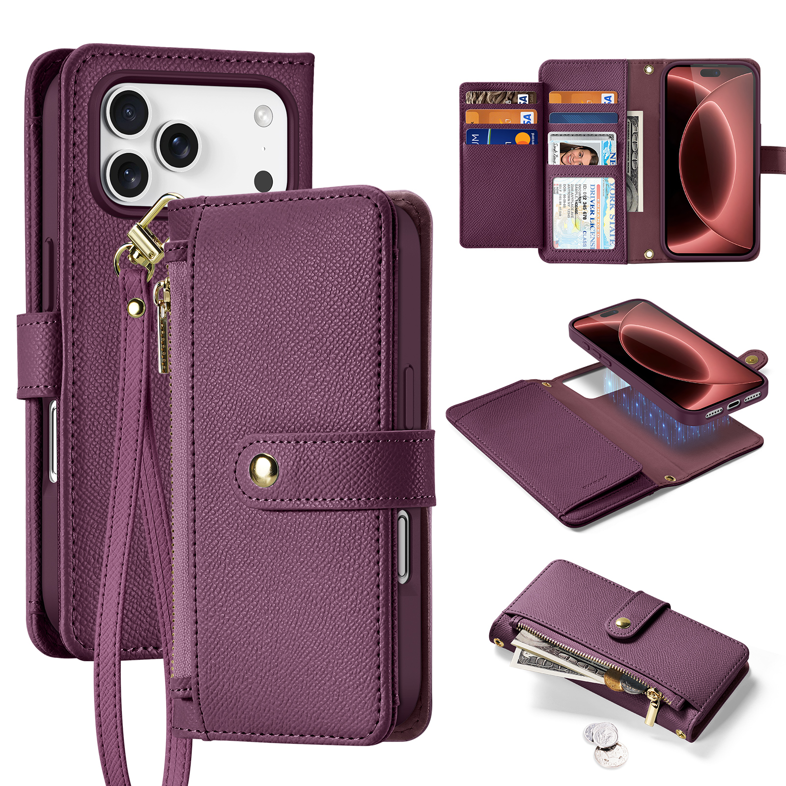 DUX DUCIS for iPhone 18 Pro Max / 17 Pro Max Case  Lawa Series Detachable Magnetic Cowhide Leather Cover Zipper Wallet - Dark Cherry