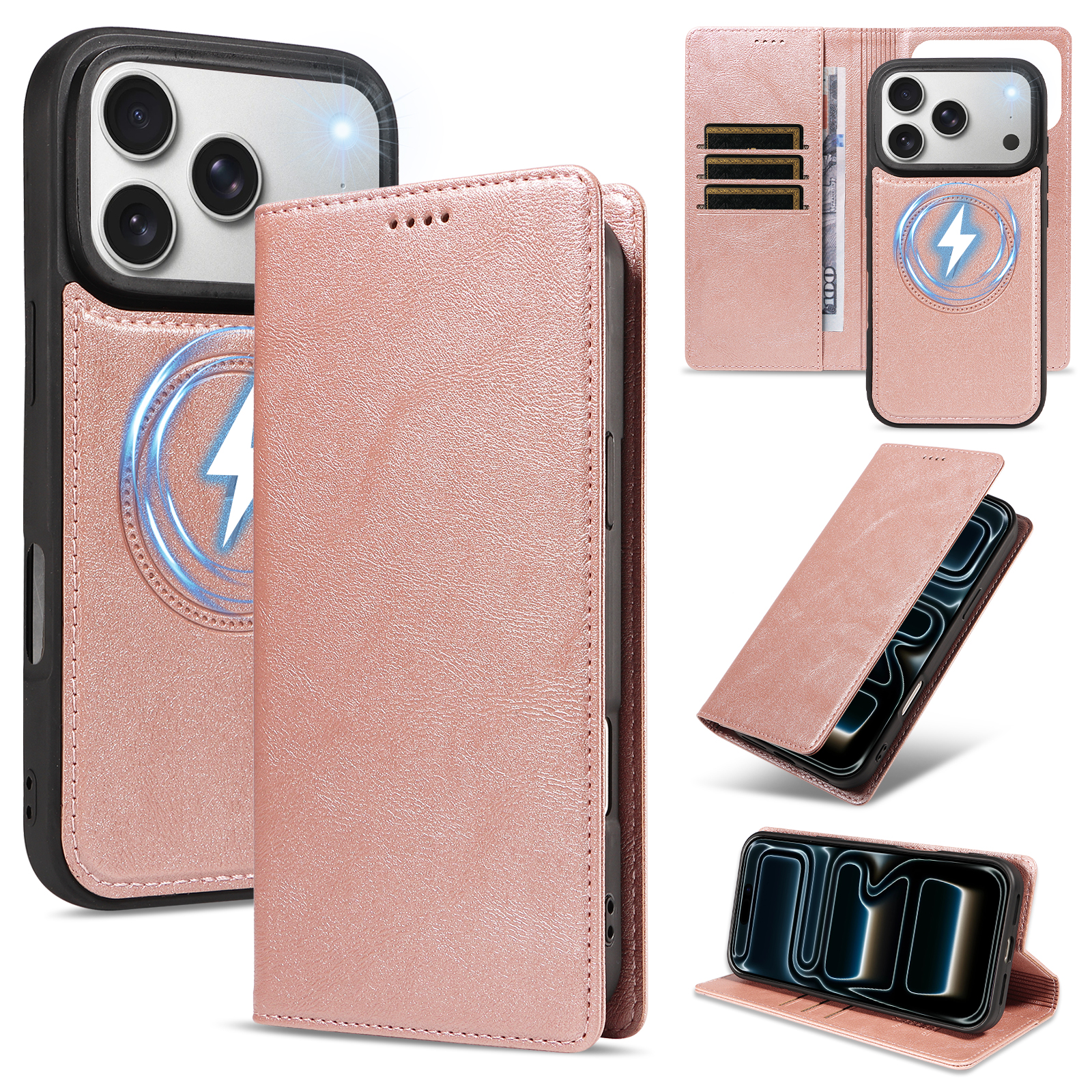 For iPhone 18 Pro / iPhone 17 Pro Magnetic Case Detachable 2 in 1 Leather Wallet Phone Cover - Rose Gold
