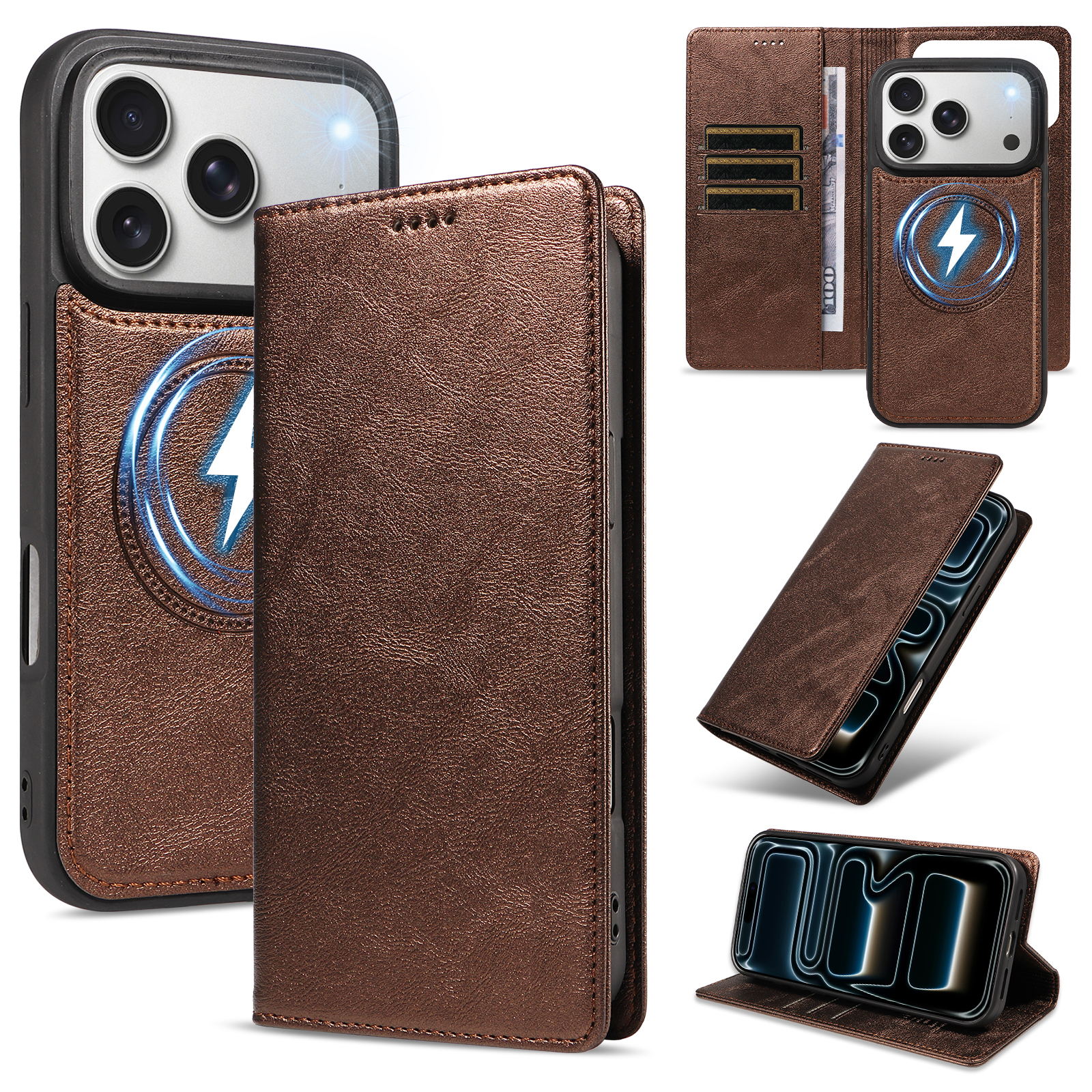 For iPhone 18 Pro / iPhone 17 Pro Magnetic Case Detachable 2 in 1 Leather Wallet Phone Cover - Brown