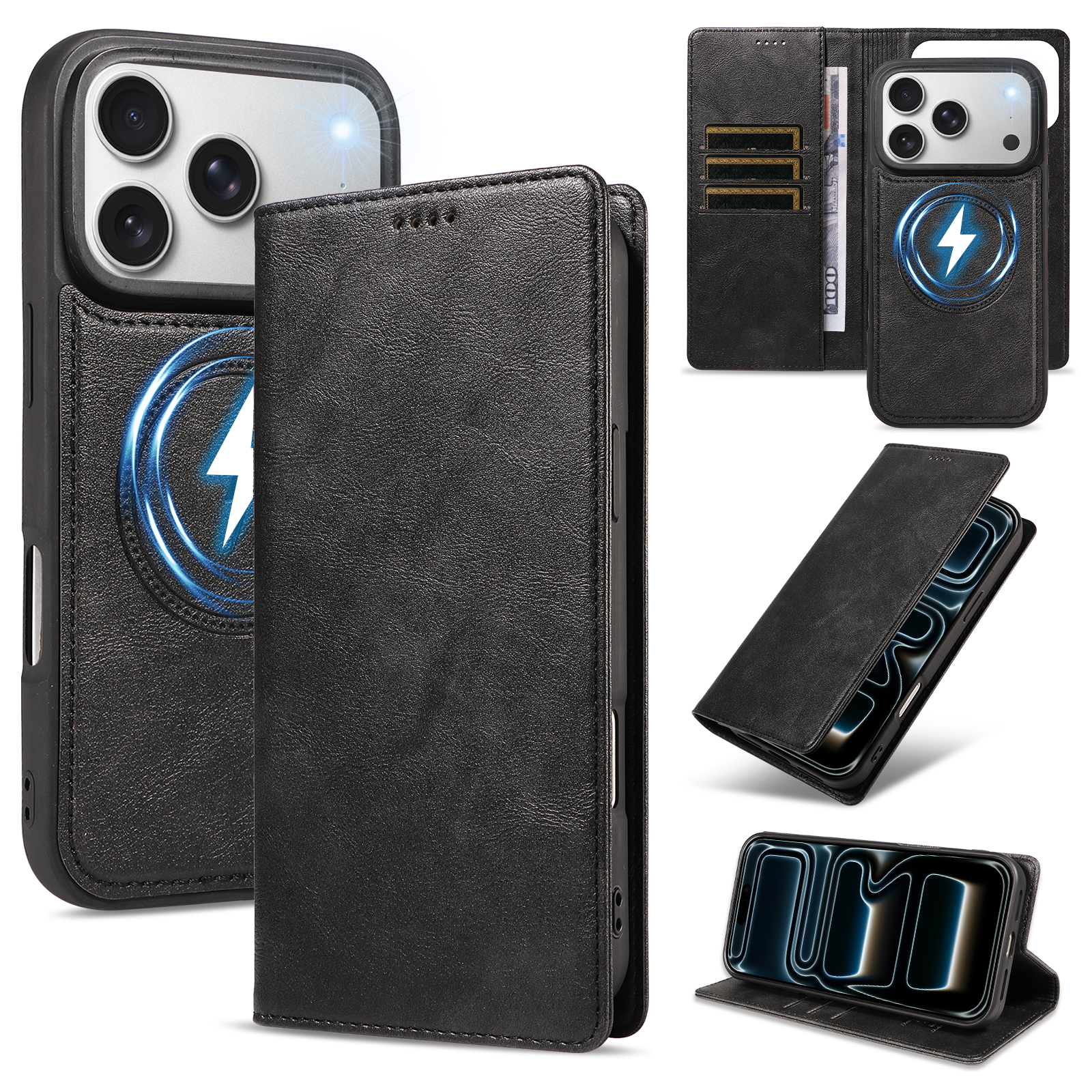 For iPhone 18 Pro / iPhone 17 Pro Magnetic Case Detachable 2 in 1 Leather Wallet Phone Cover - Black