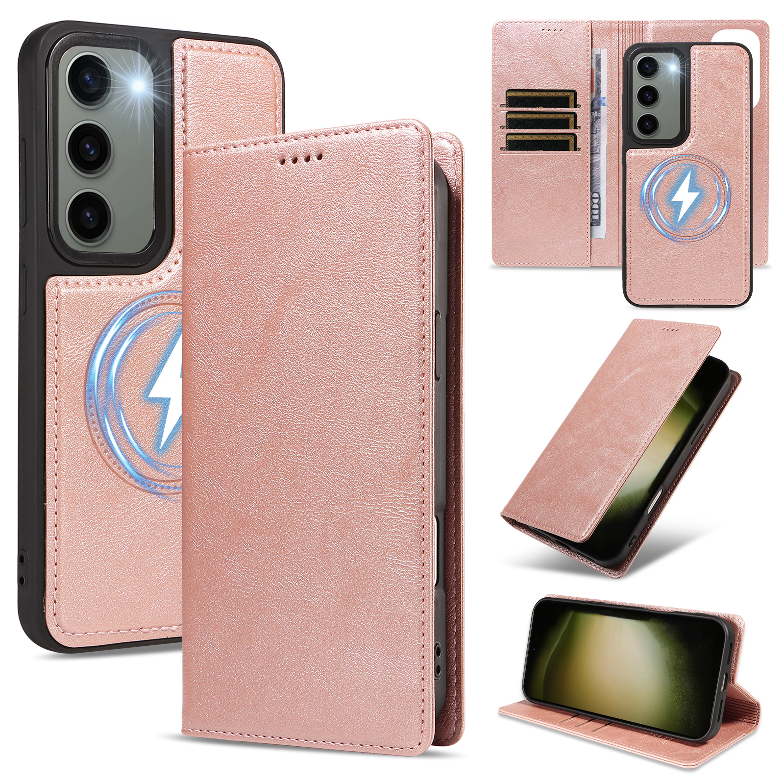 For Samsung Galaxy S23 Magnetic Case Detachable 2 in 1 Leather Wallet Phone Cover - Rose Gold