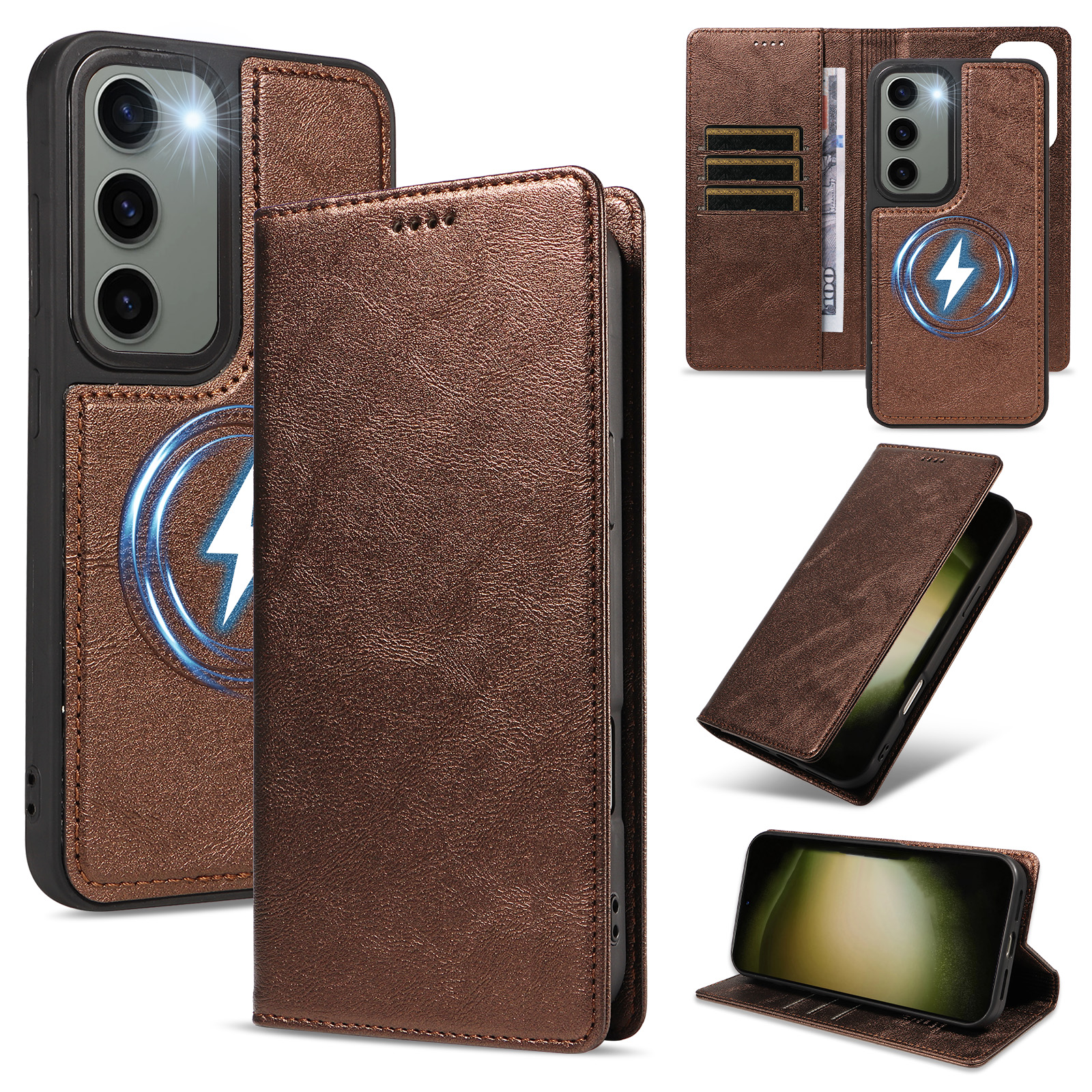 For Samsung Galaxy S23 Magnetic Case Detachable 2 in 1 Leather Wallet Phone Cover - Brown