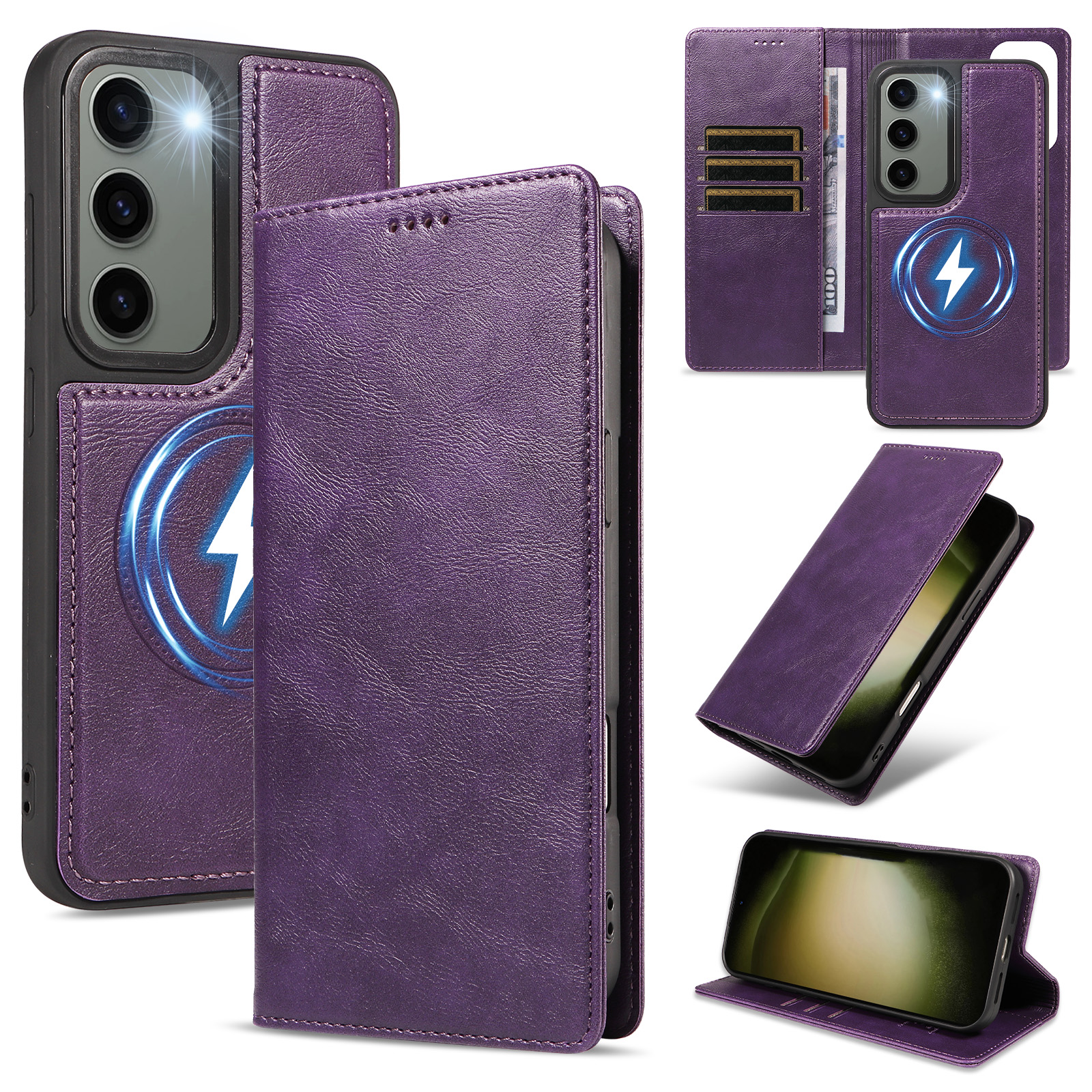 For Samsung Galaxy S23 Magnetic Case Detachable 2 in 1 Leather Wallet Phone Cover - Purple