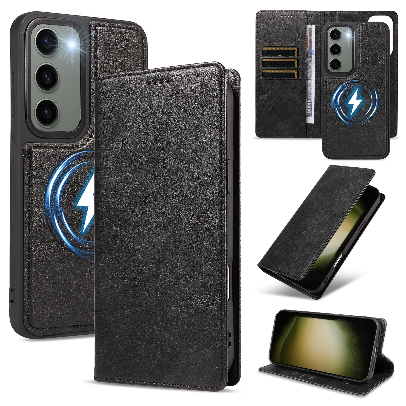 For Samsung Galaxy S23 Magnetic Case Detachable 2 in 1 Leather Wallet Phone Cover - Black