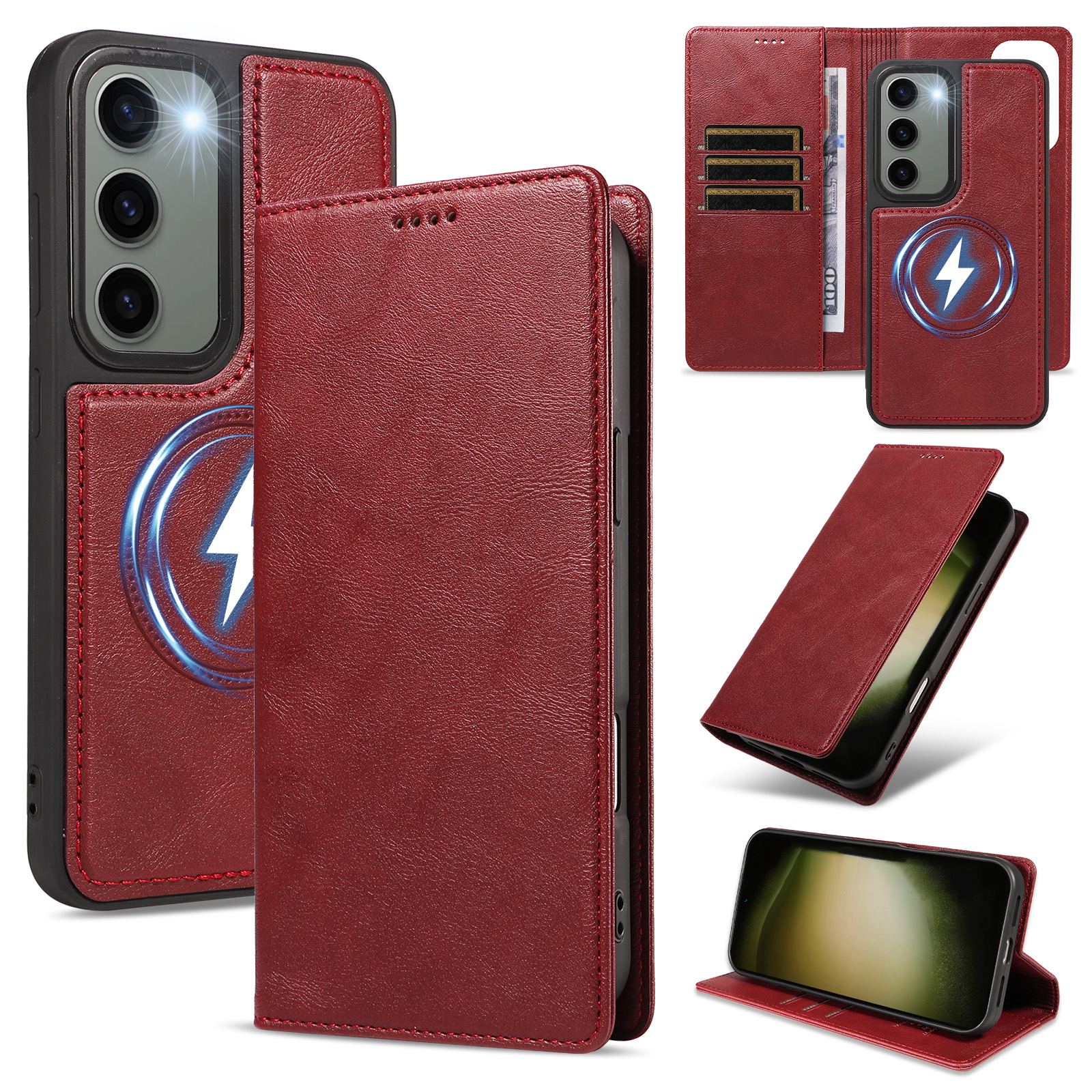 For Samsung Galaxy S23 Magnetic Case Detachable 2 in 1 Leather Wallet Phone Cover - Red