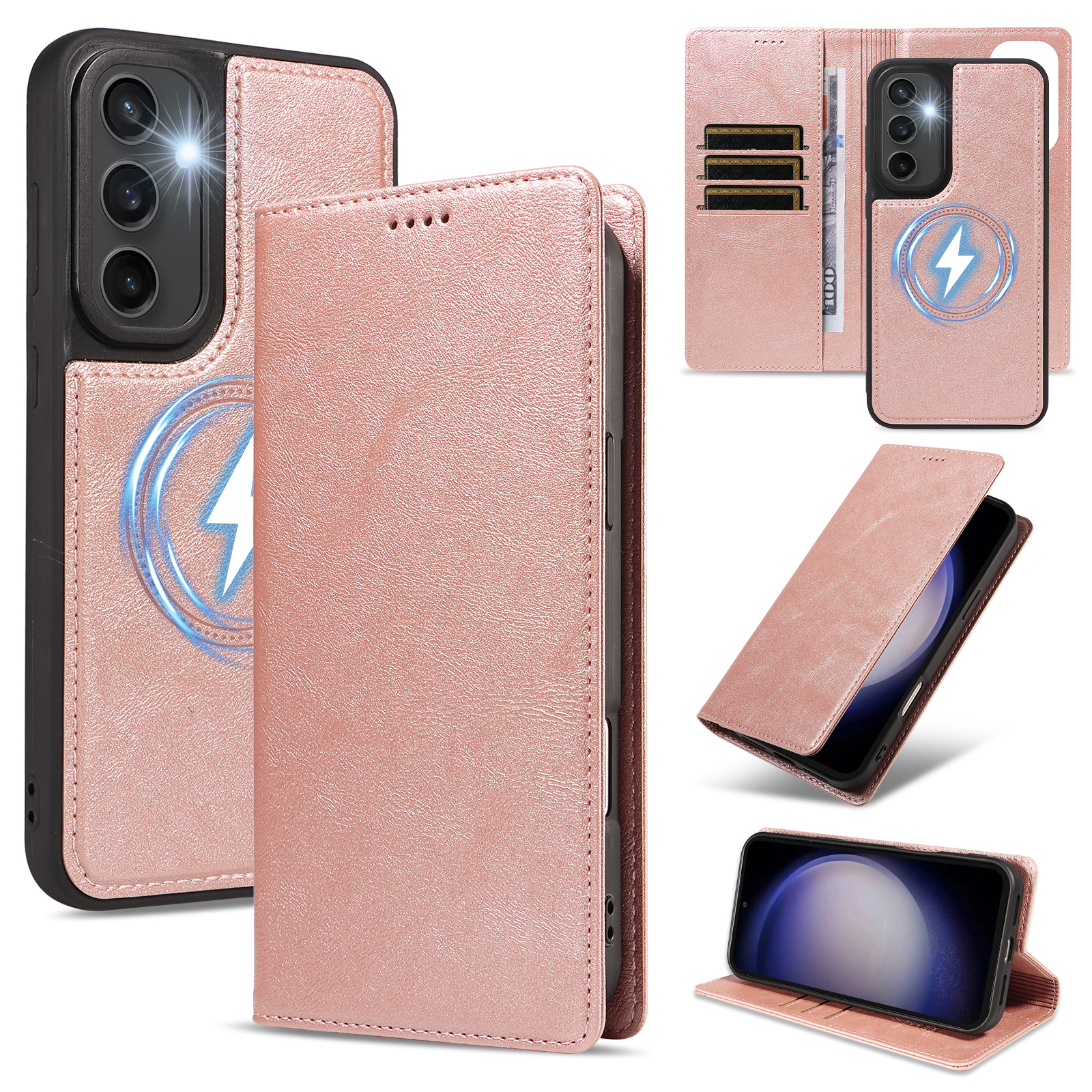 For Samsung Galaxy S23 FE Magnetic Case Detachable 2 in 1 Leather Wallet Phone Cover - Rose Gold