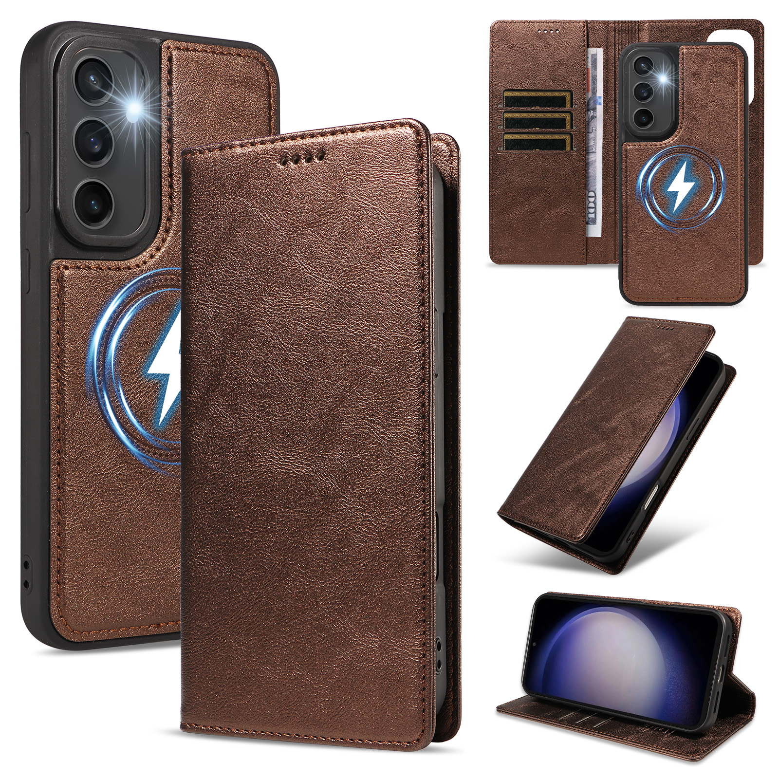 For Samsung Galaxy S23 FE Magnetic Case Detachable 2 in 1 Leather Wallet Phone Cover - Brown