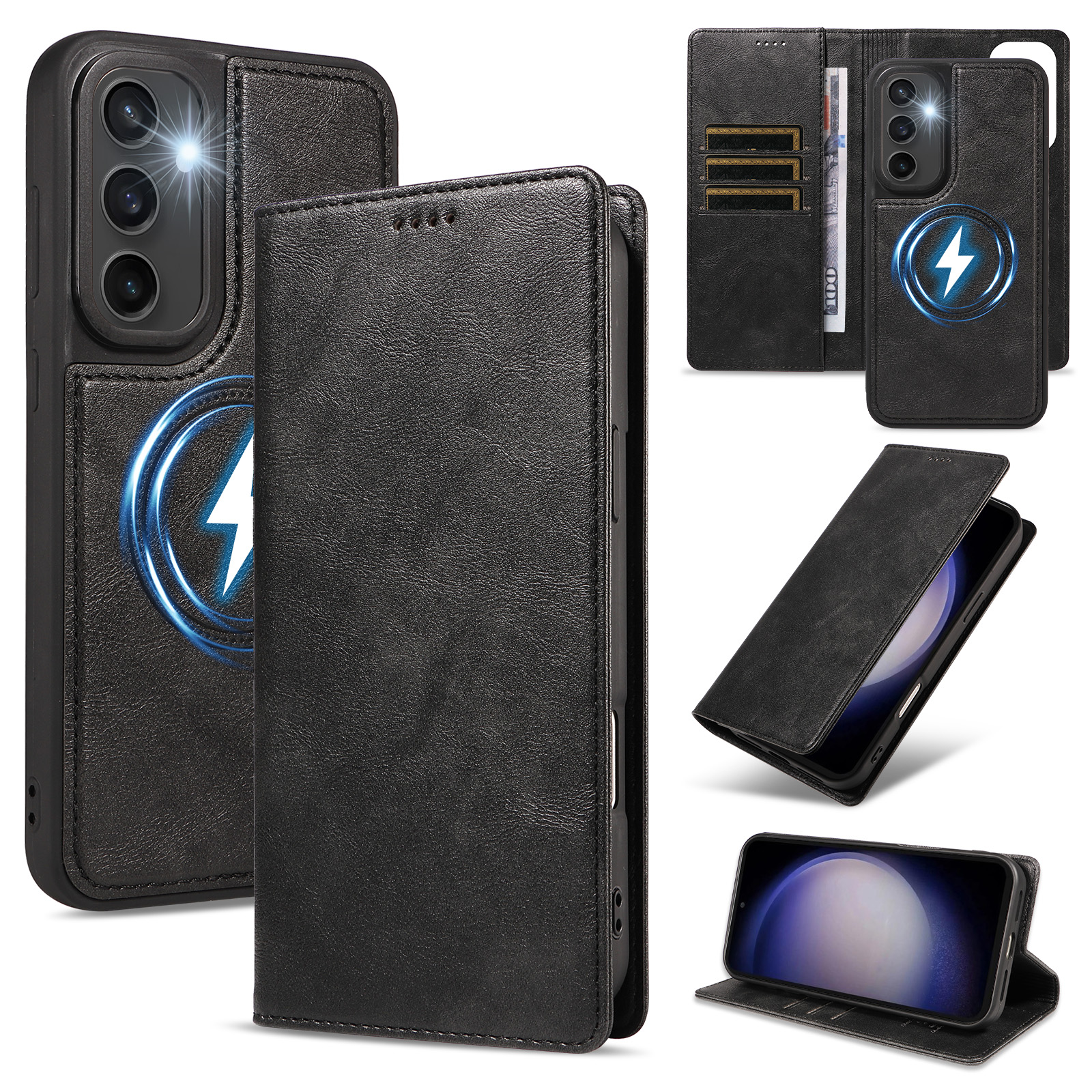 For Samsung Galaxy S23 FE Magnetic Case Detachable 2 in 1 Leather Wallet Phone Cover - Black