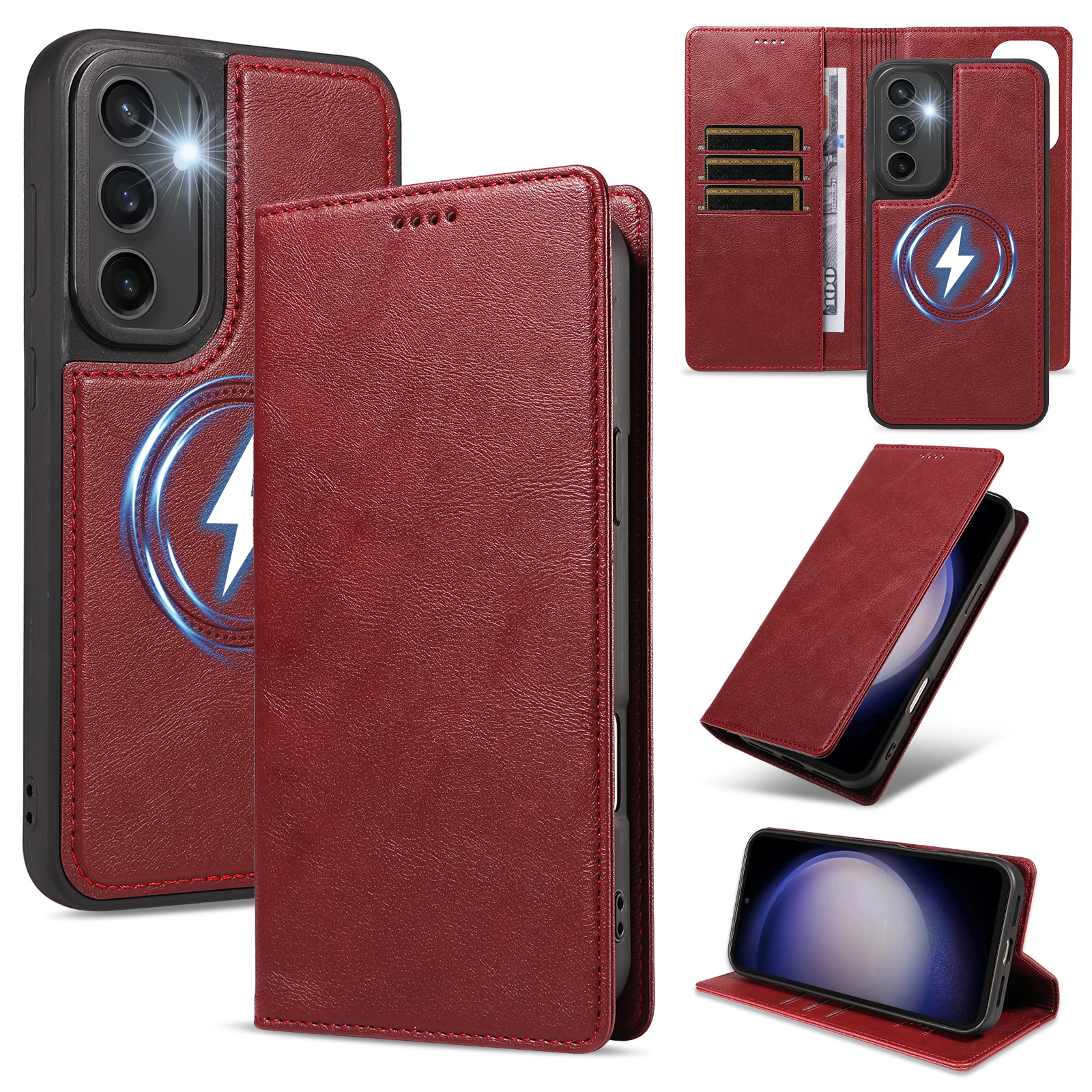 For Samsung Galaxy S23 FE Magnetic Case Detachable 2 in 1 Leather Wallet Phone Cover - Red