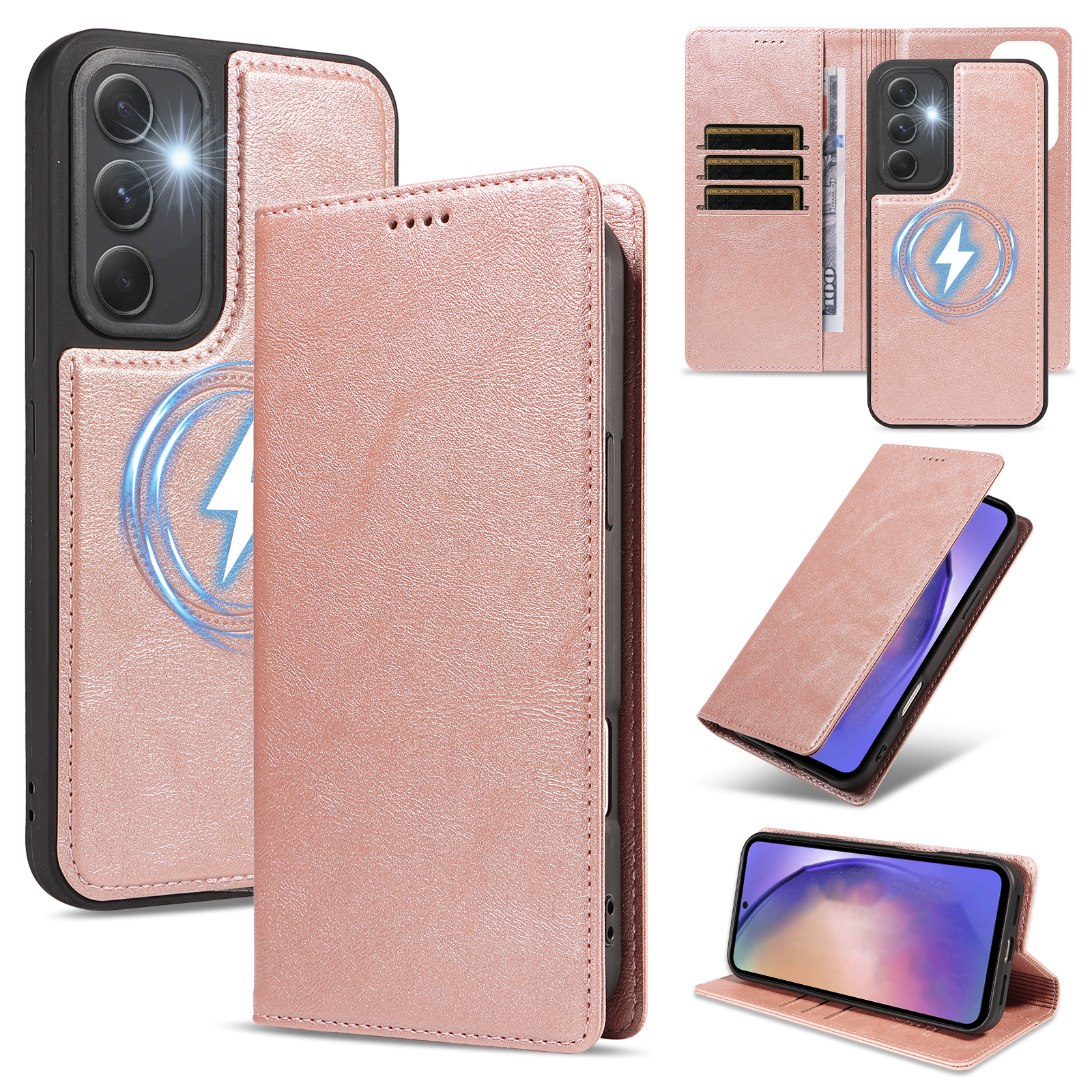 For Samsung Galaxy A54 5G Magnetic Case Detachable 2 in 1 Leather Wallet Phone Cover - Rose Gold