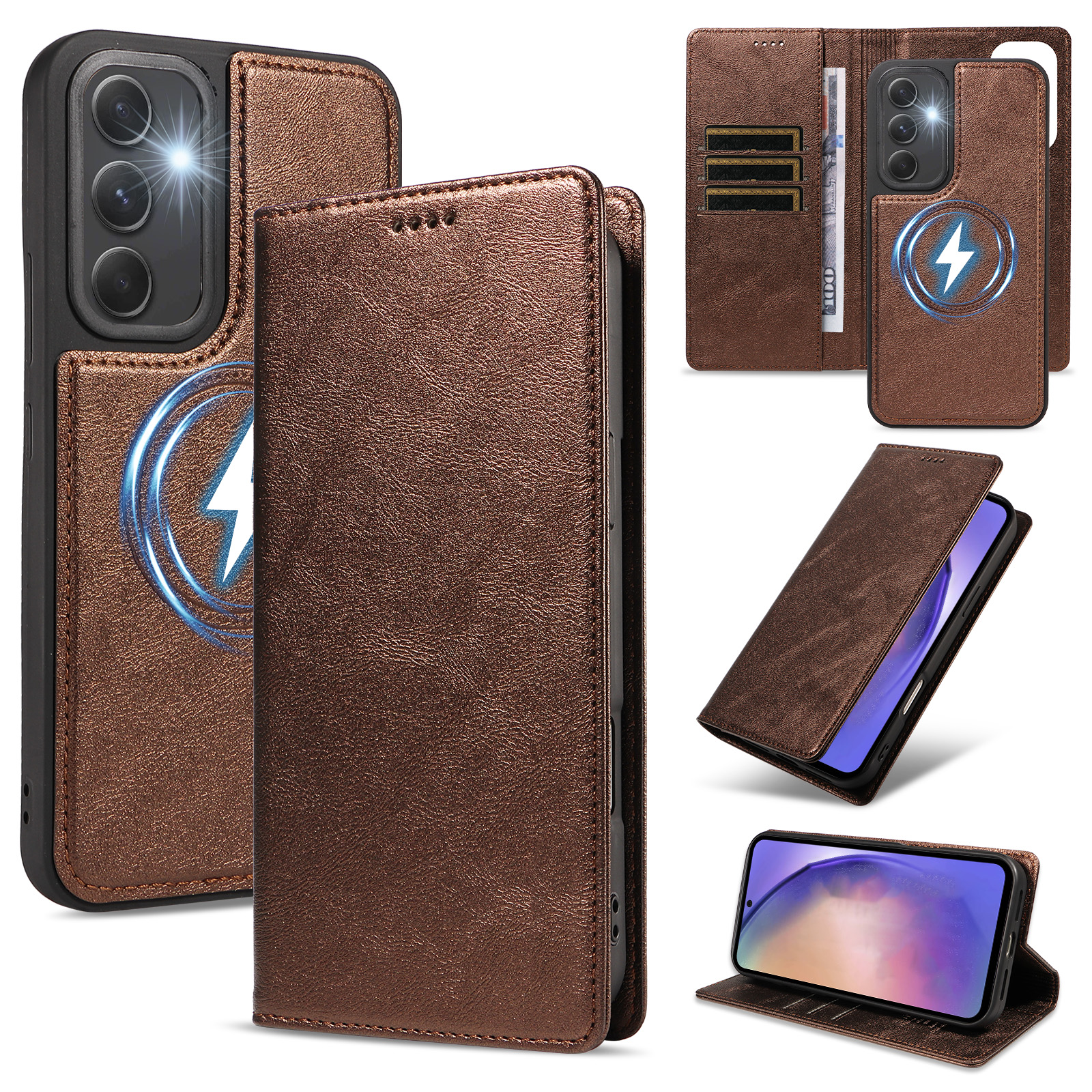 For Samsung Galaxy A54 5G Magnetic Case Detachable 2 in 1 Leather Wallet Phone Cover - Brown