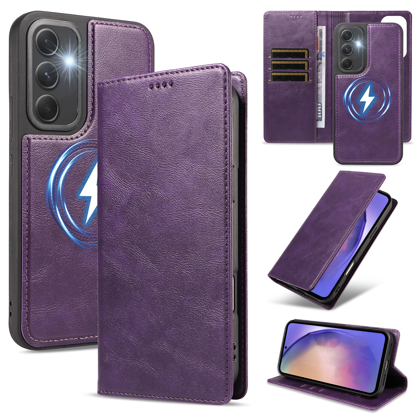 For Samsung Galaxy A54 5G Magnetic Case Detachable 2 in 1 Leather Wallet Phone Cover - Purple