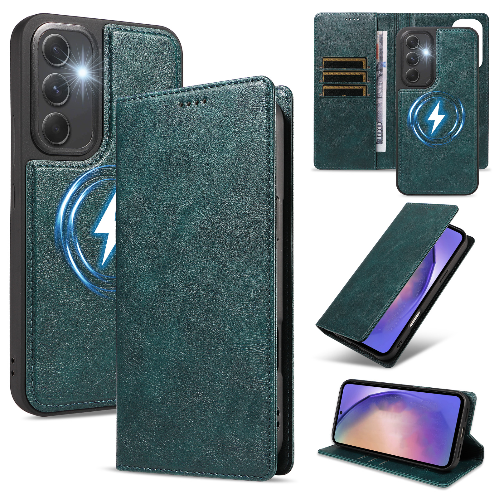 For Samsung Galaxy A54 5G Magnetic Case Detachable 2 in 1 Leather Wallet Phone Cover - Green
