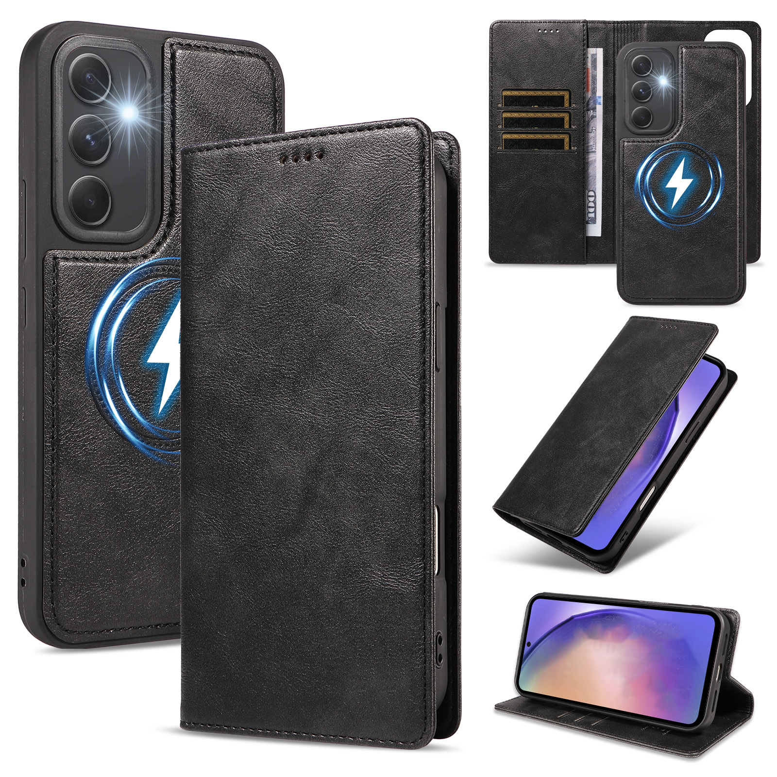 For Samsung Galaxy A54 5G Magnetic Case Detachable 2 in 1 Leather Wallet Phone Cover - Black