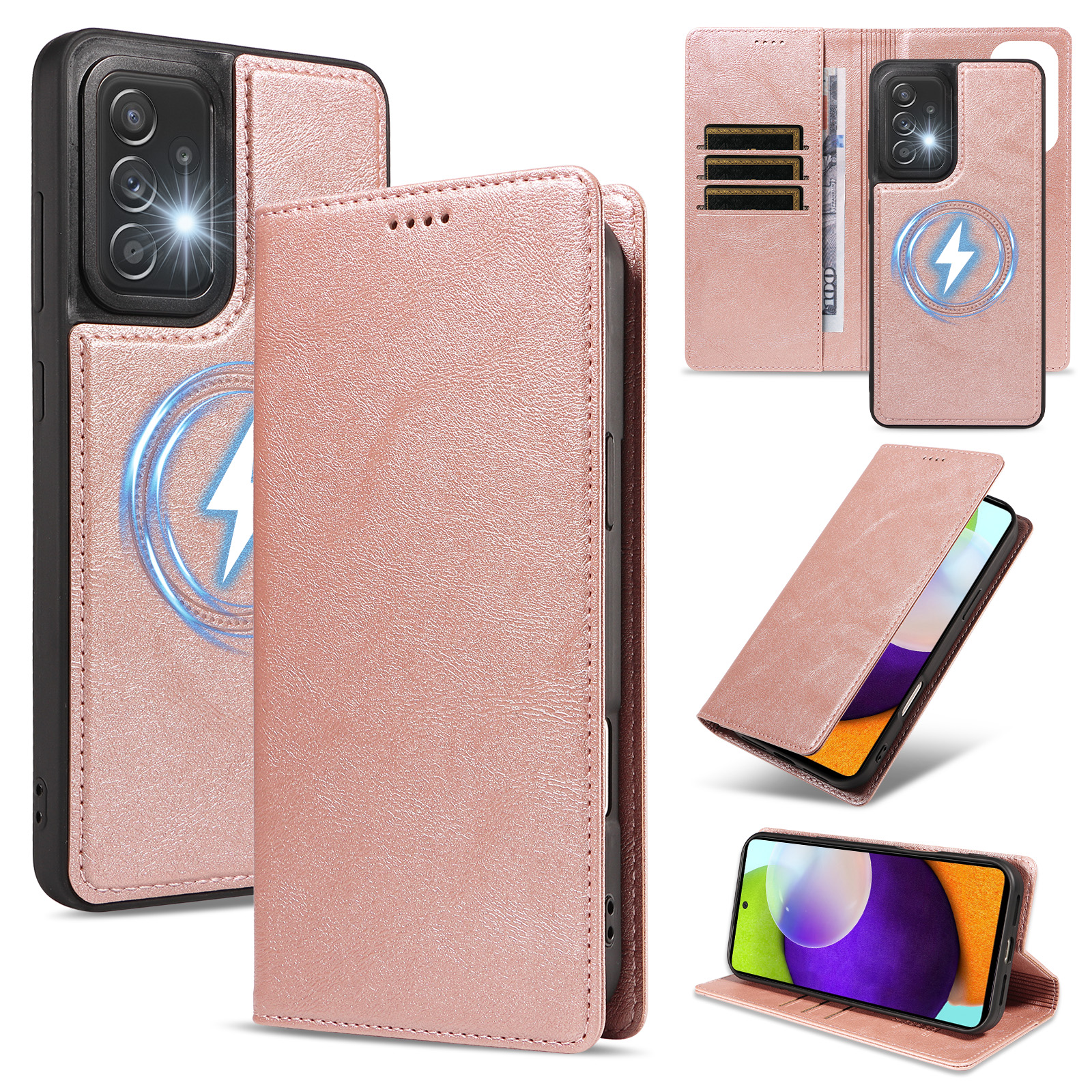 For Samsung Galaxy A52 4G / Galaxy A52 5G / Galaxy A52s 5G Magnetic Case Detachable 2 in 1 Leather Wallet Phone Cover - Rose Gold