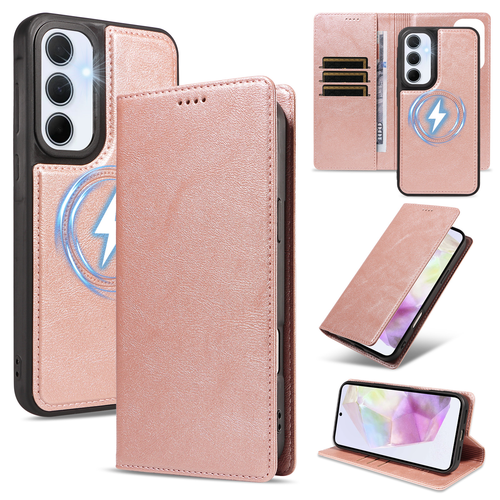 For Samsung Galaxy A35 5G Magnetic Case Detachable 2 in 1 Leather Wallet Phone Cover - Rose Gold