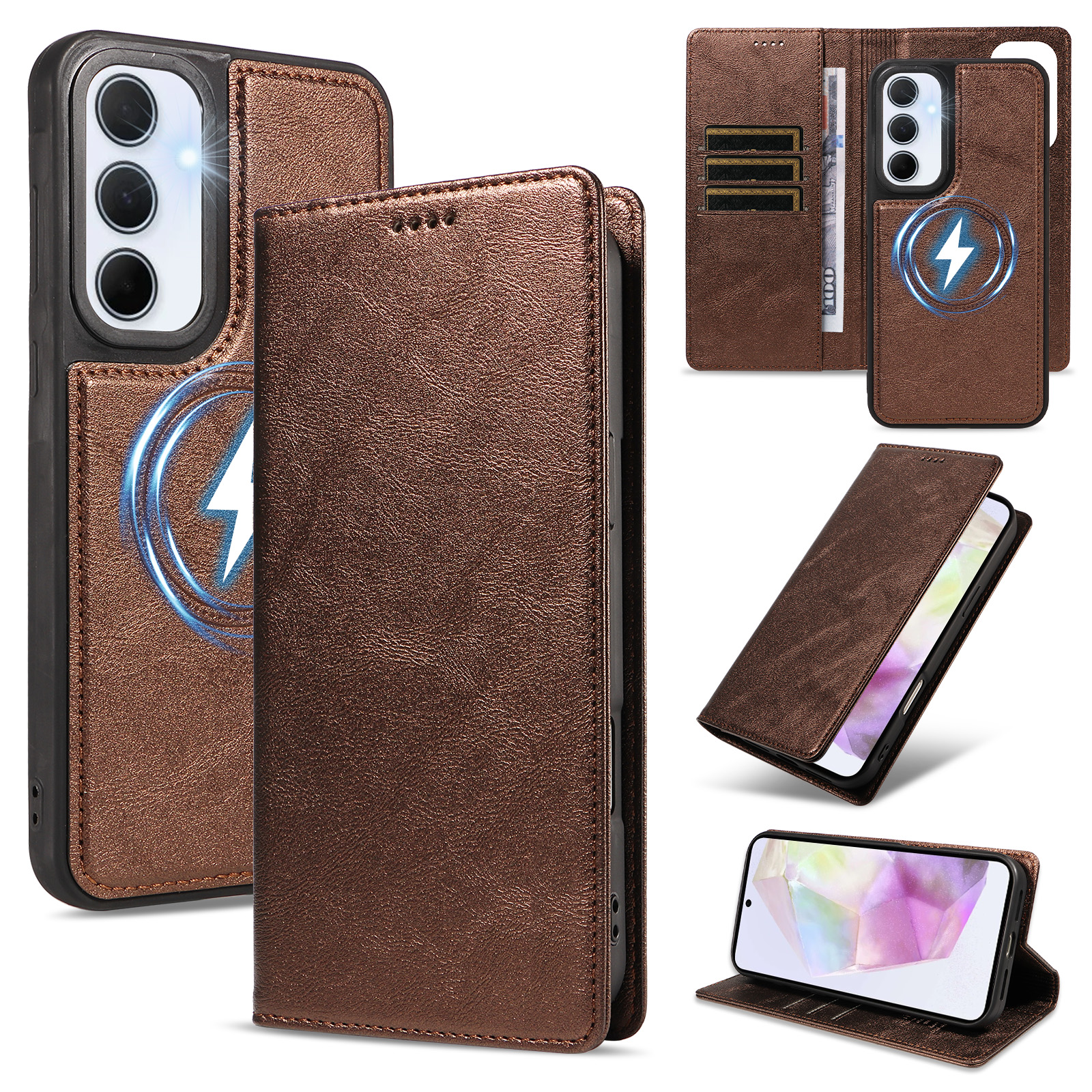 For Samsung Galaxy A35 5G Magnetic Case Detachable 2 in 1 Leather Wallet Phone Cover - Brown