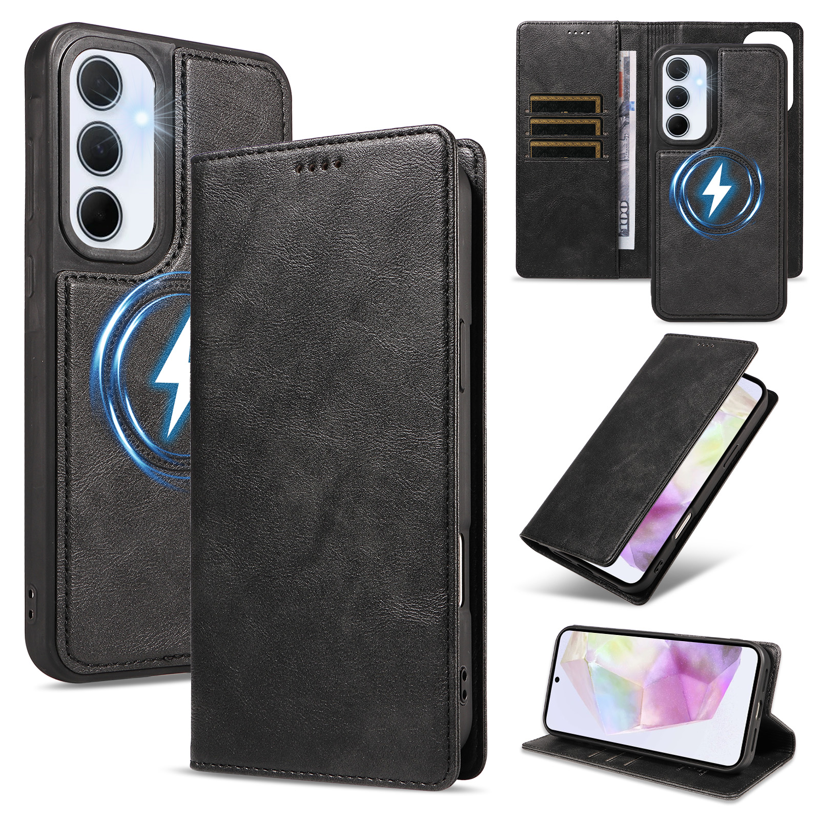 For Samsung Galaxy A35 5G Magnetic Case Detachable 2 in 1 Leather Wallet Phone Cover - Black