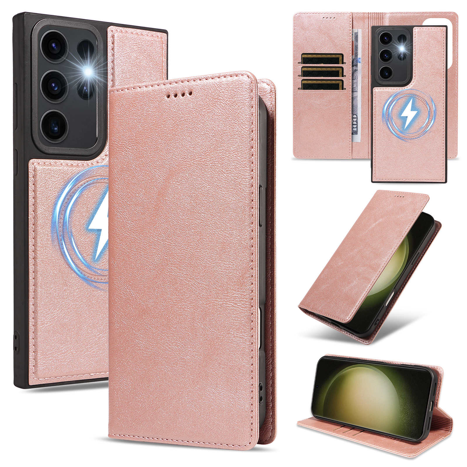For Samsung Galaxy S23 Ultra Magnetic Case Detachable 2 in 1 Leather Wallet Phone Cover - Rose Gold