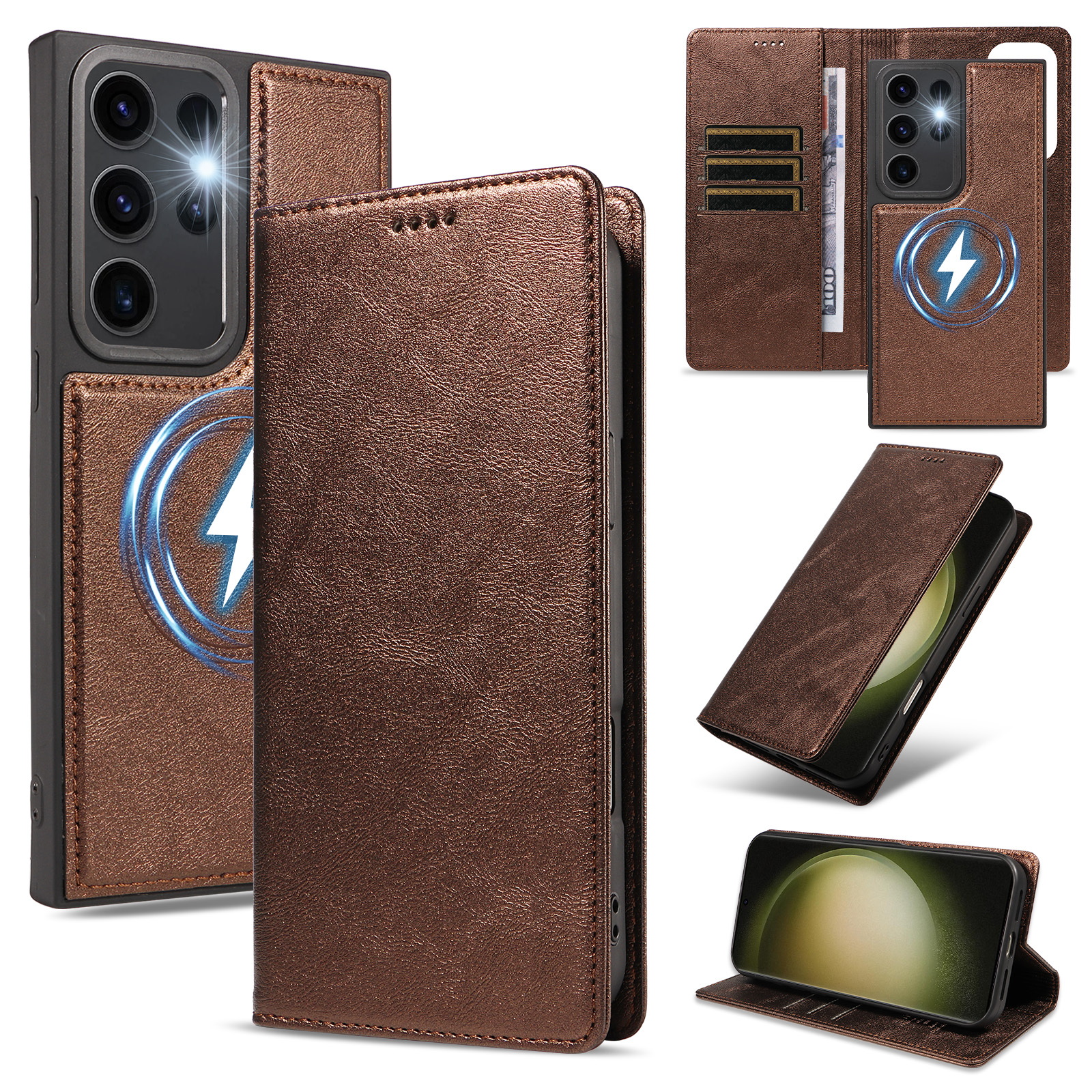 For Samsung Galaxy S23 Ultra Magnetic Case Detachable 2 in 1 Leather Wallet Phone Cover - Brown