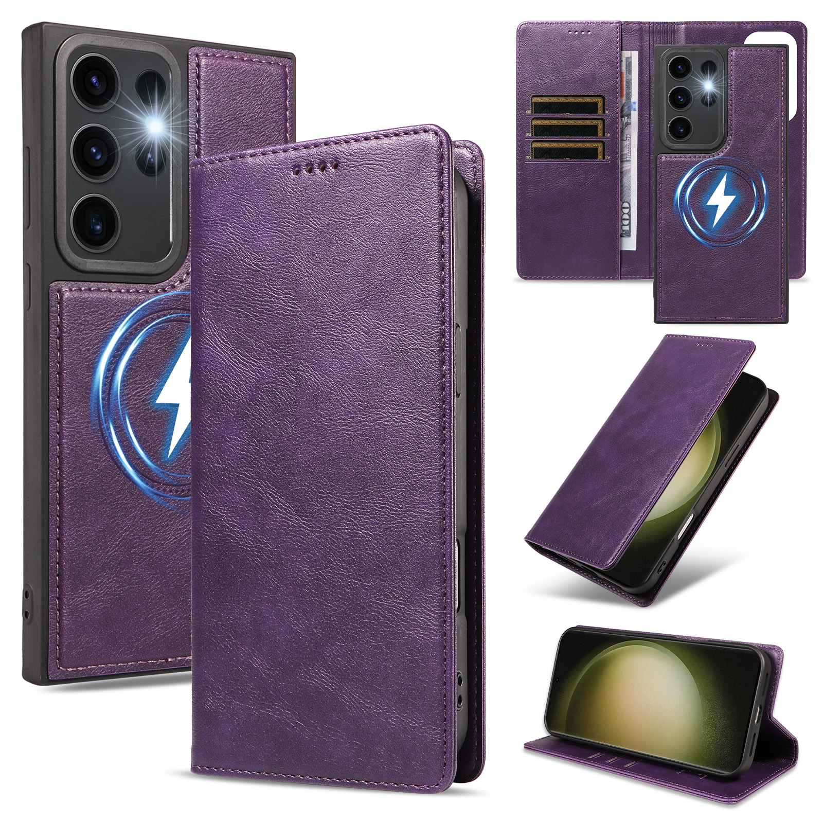 For Samsung Galaxy S23 Ultra Magnetic Case Detachable 2 in 1 Leather Wallet Phone Cover - Purple