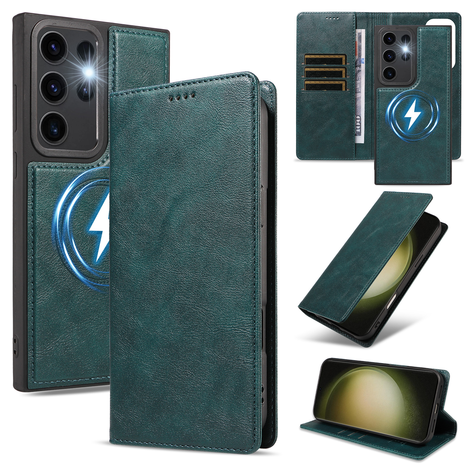 For Samsung Galaxy S23 Ultra Magnetic Case Detachable 2 in 1 Leather Wallet Phone Cover - Green
