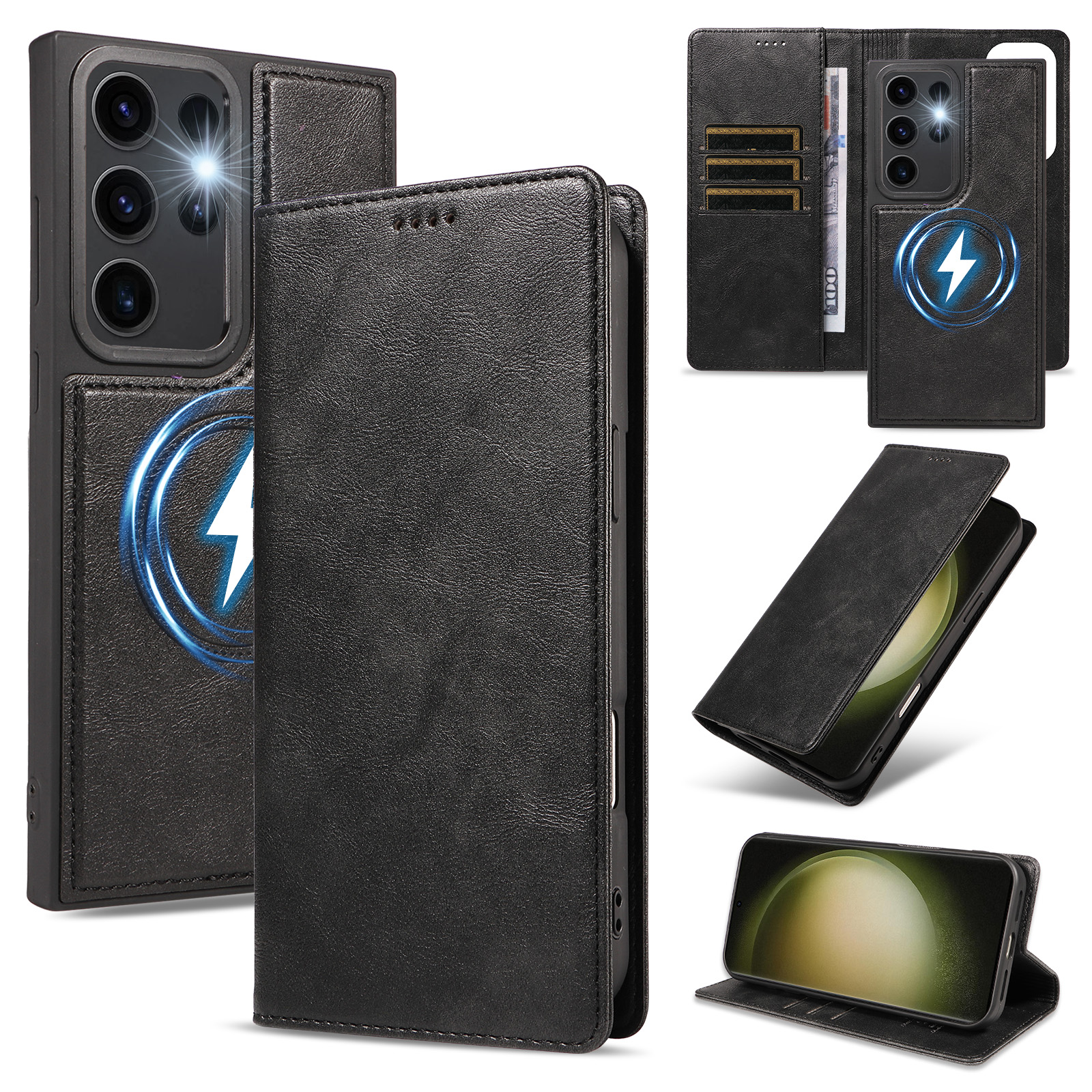 For Samsung Galaxy S23 Ultra Magnetic Case Detachable 2 in 1 Leather Wallet Phone Cover - Black