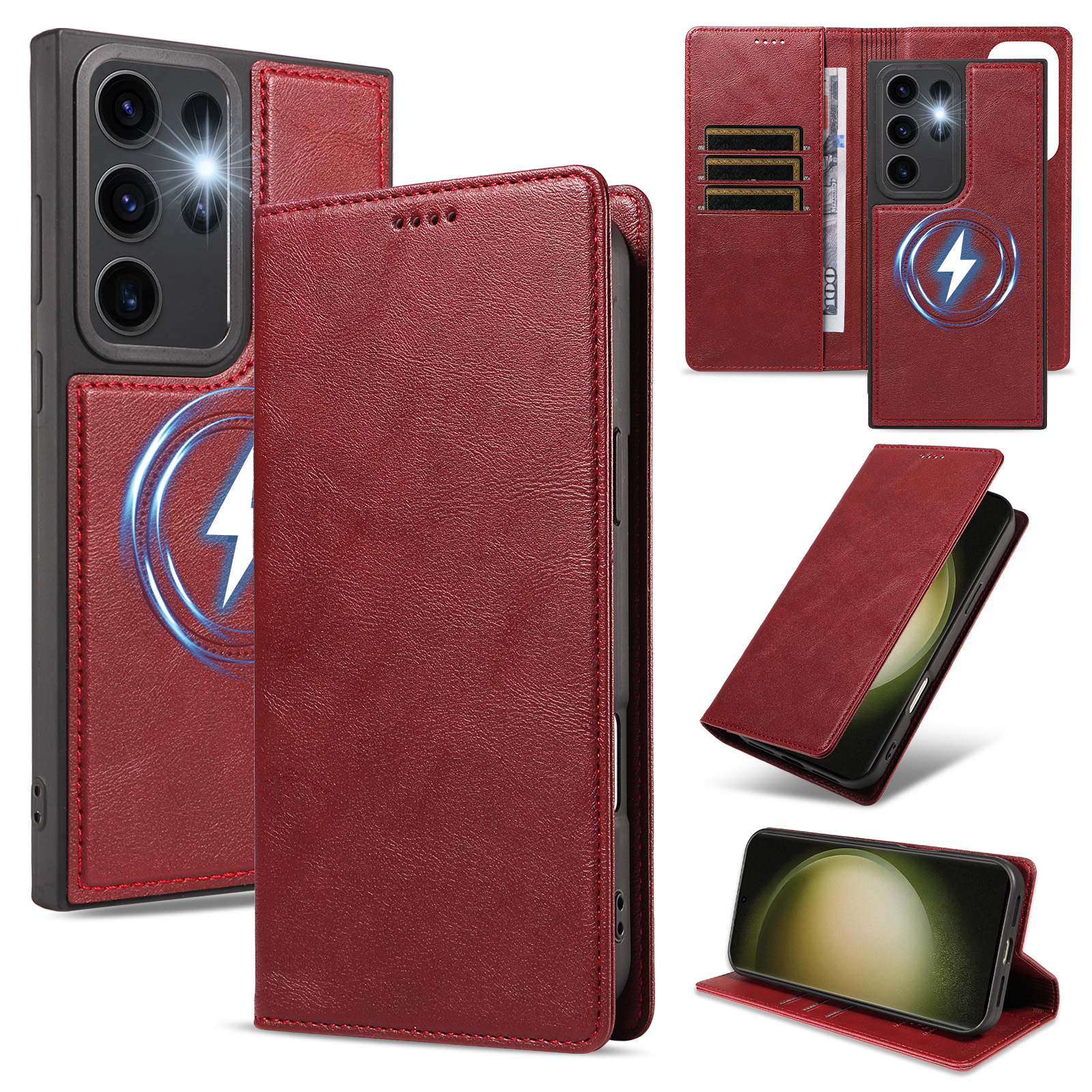 For Samsung Galaxy S23 Ultra Magnetic Case Detachable 2 in 1 Leather Wallet Phone Cover - Red