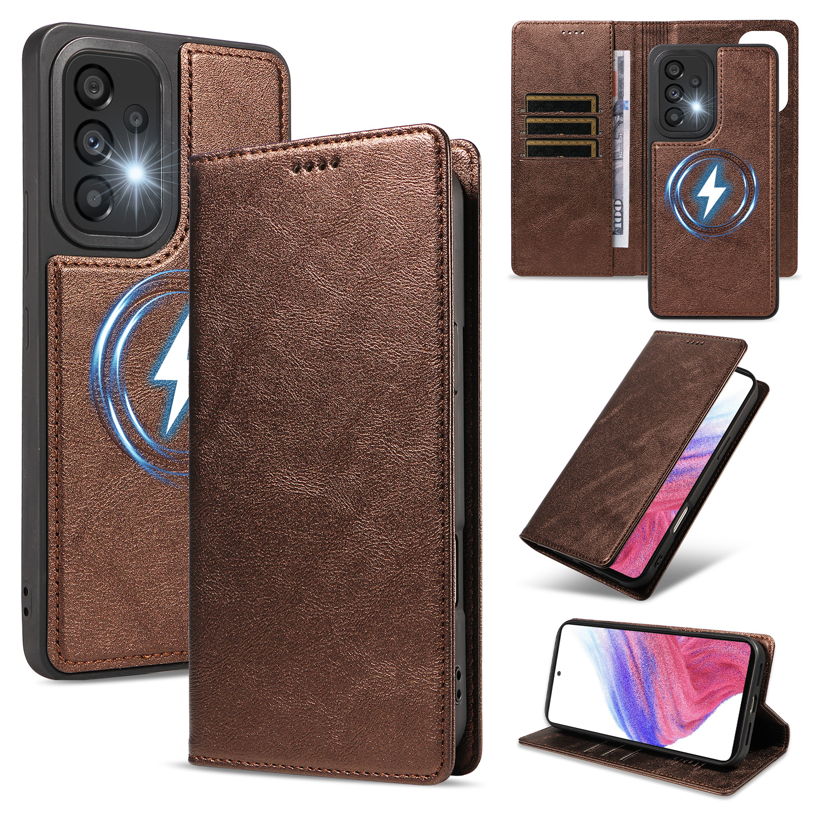 For Samsung Galaxy A53 5G Magnetic Case Detachable 2 in 1 Leather Wallet Phone Cover - Brown