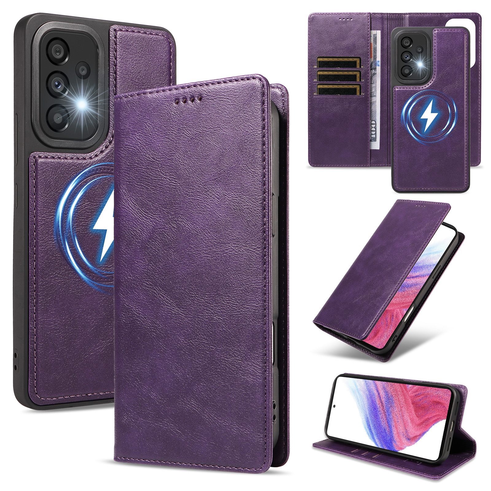 For Samsung Galaxy A53 5G Magnetic Case Detachable 2 in 1 Leather Wallet Phone Cover - Purple