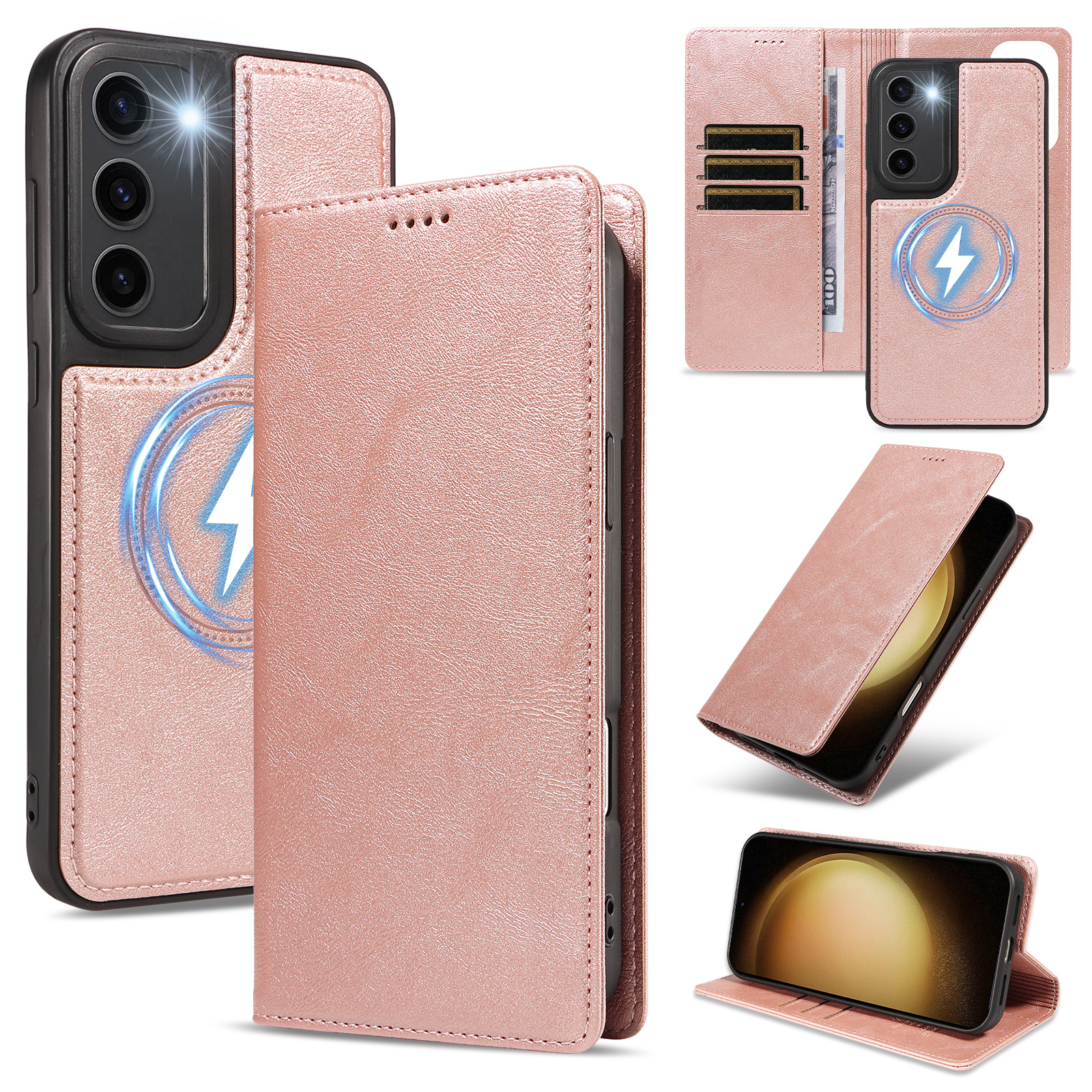 For Samsung Galaxy S23+ Magnetic Case Detachable 2 in 1 Leather Wallet Phone Cover - Rose Gold
