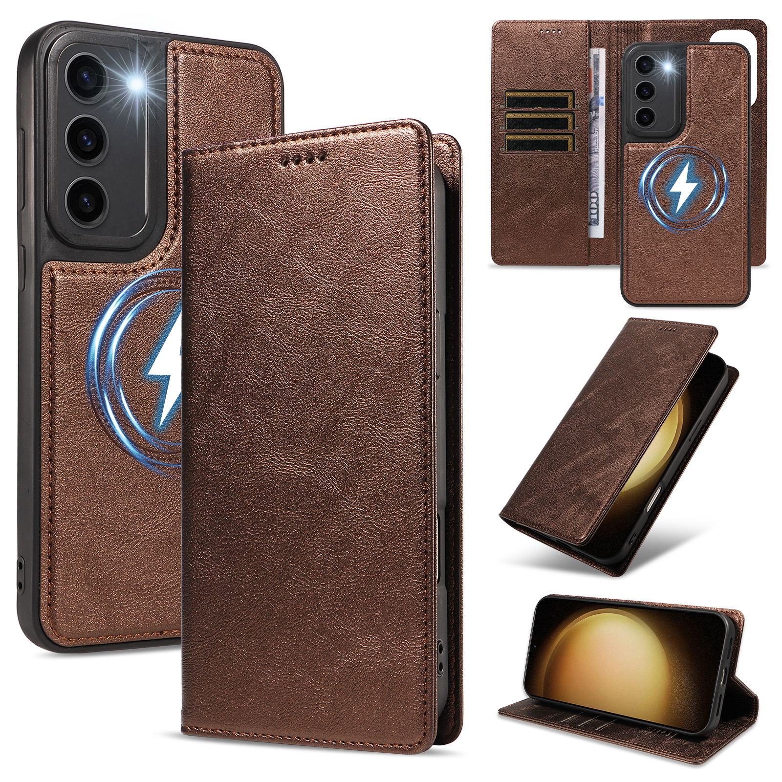 For Samsung Galaxy S23+ Magnetic Case Detachable 2 in 1 Leather Wallet Phone Cover - Brown