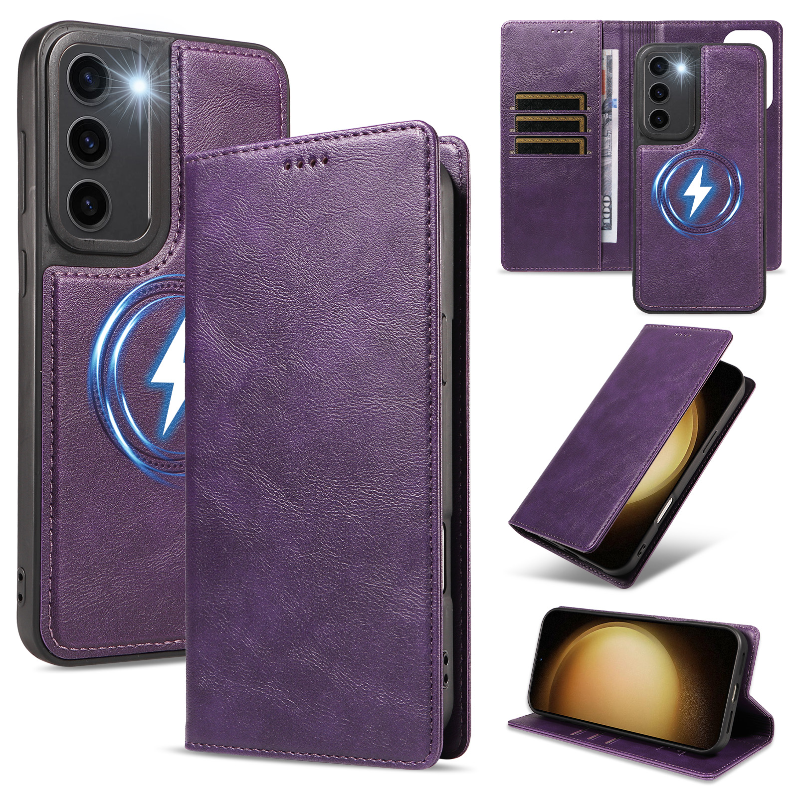 For Samsung Galaxy S23+ Magnetic Case Detachable 2 in 1 Leather Wallet Phone Cover - Purple