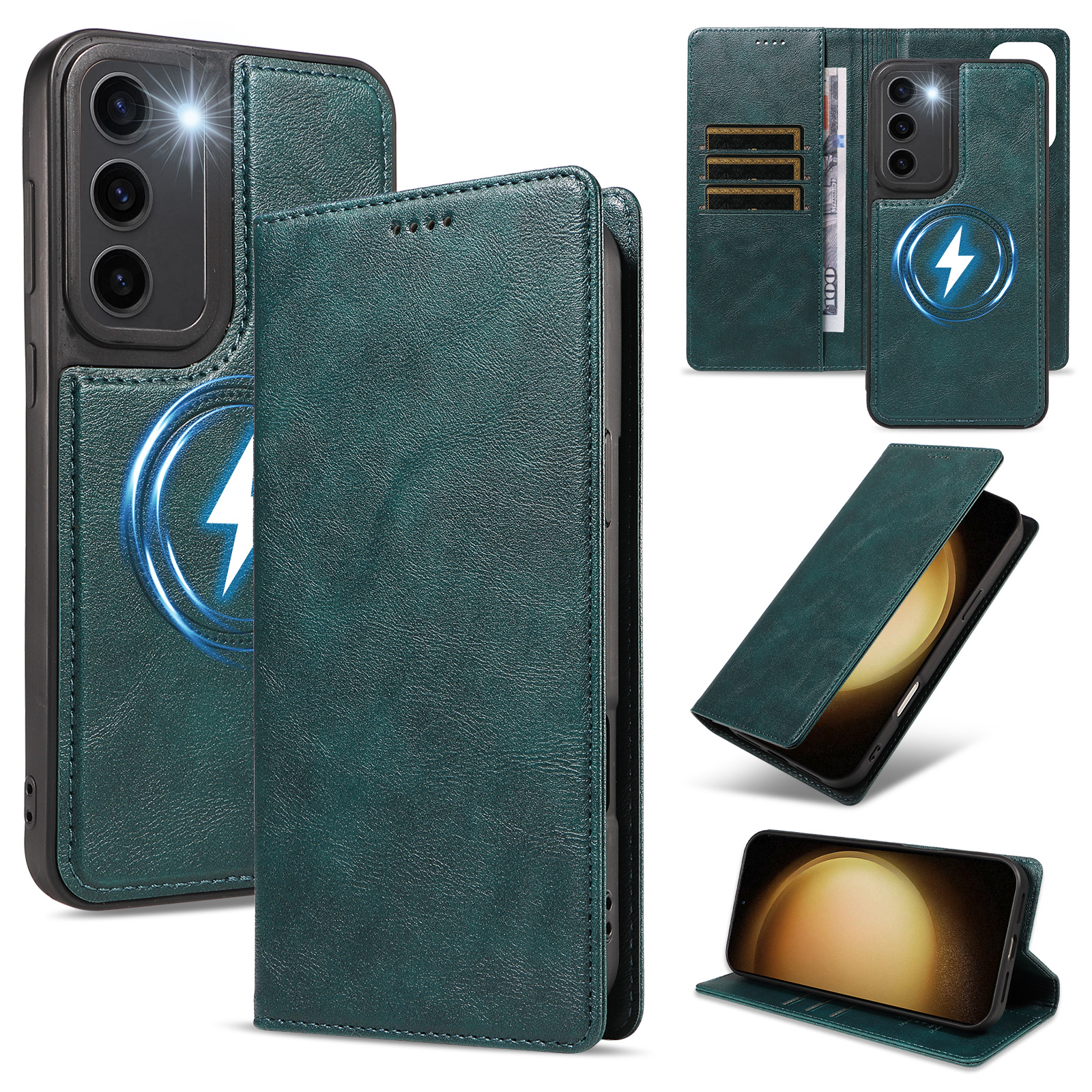 For Samsung Galaxy S23+ Magnetic Case Detachable 2 in 1 Leather Wallet Phone Cover - Green